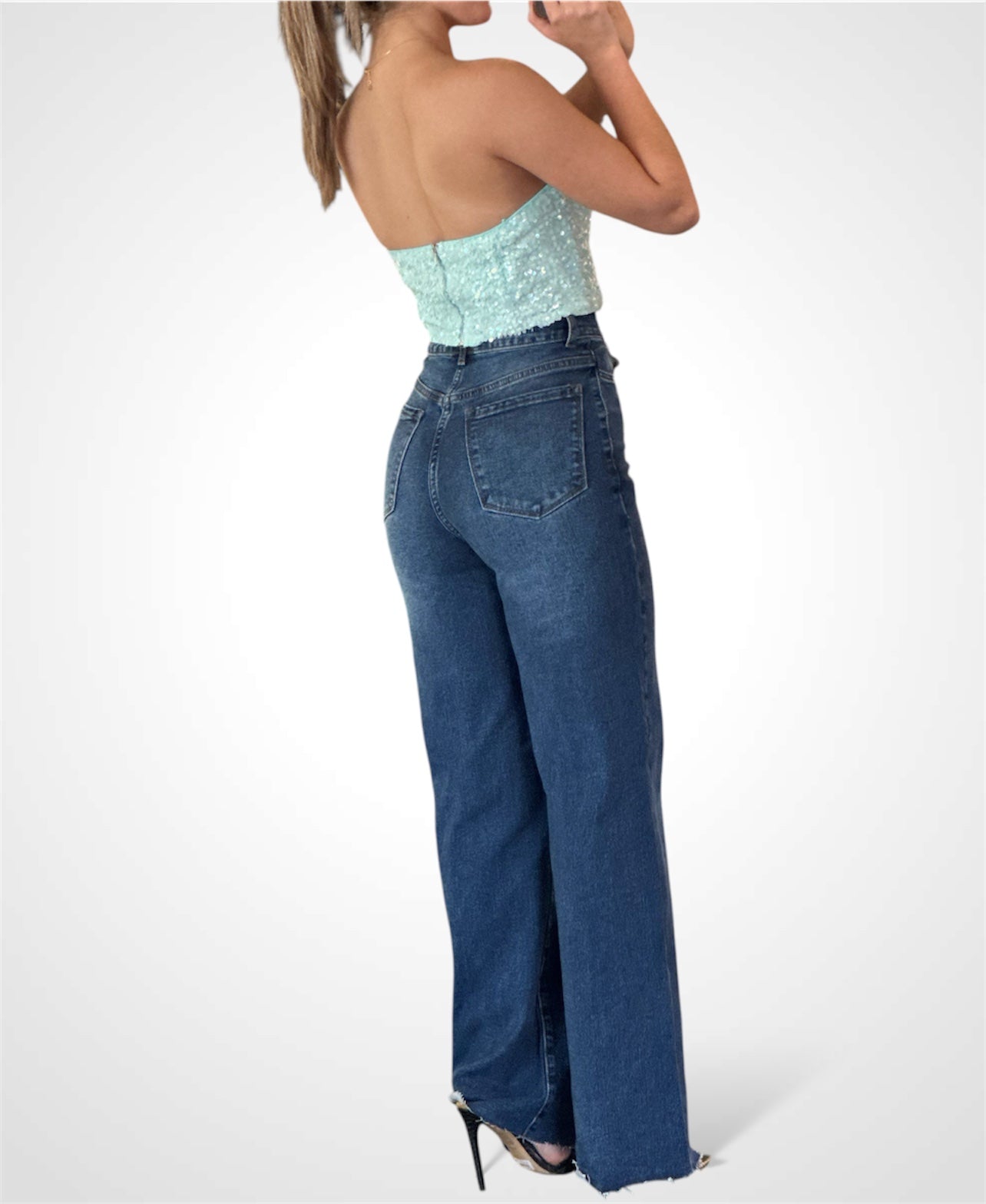 WOMENS SLEEVELESS V-NECK SEQUINS TUBE CROP TOP (Aqua)••-3