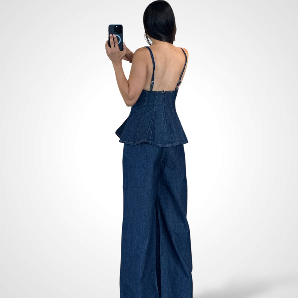 SJQ-DENIM GODET TOP AND LONG PANTS SET