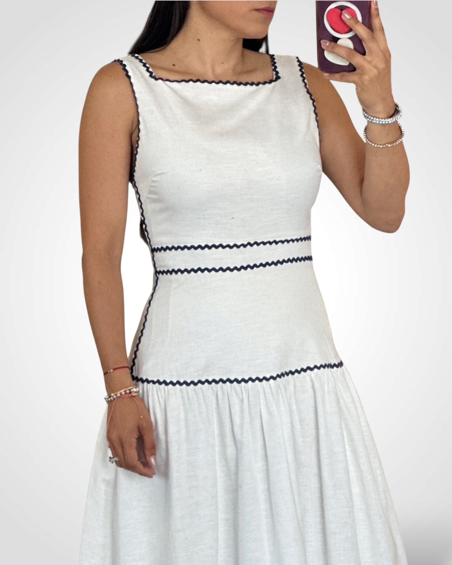 SJQ-Sleeveless Square Neckline Ricrac Trim Midi Dress