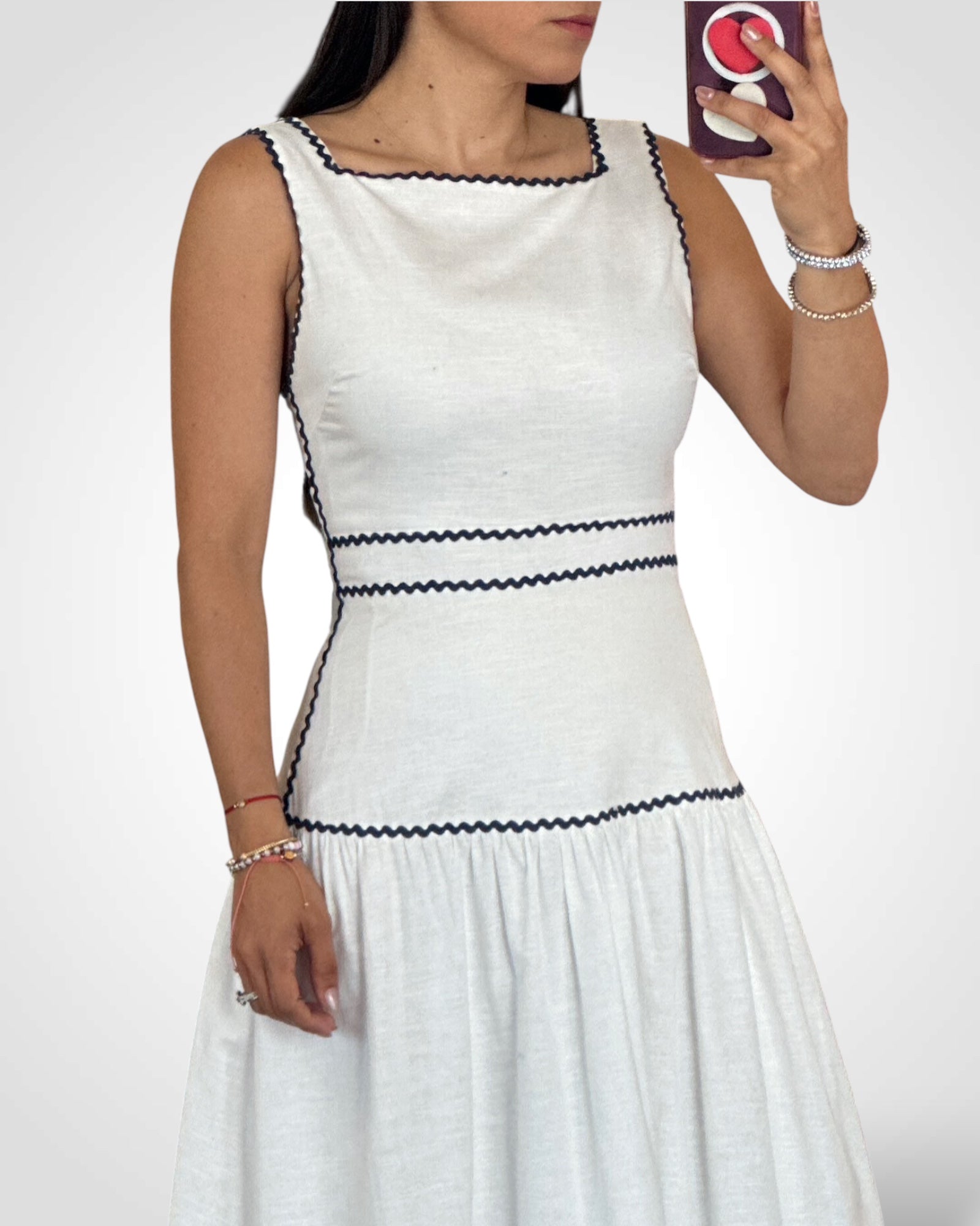Sleeveless Square Neckline Ricrac Trim Midi Dress-2