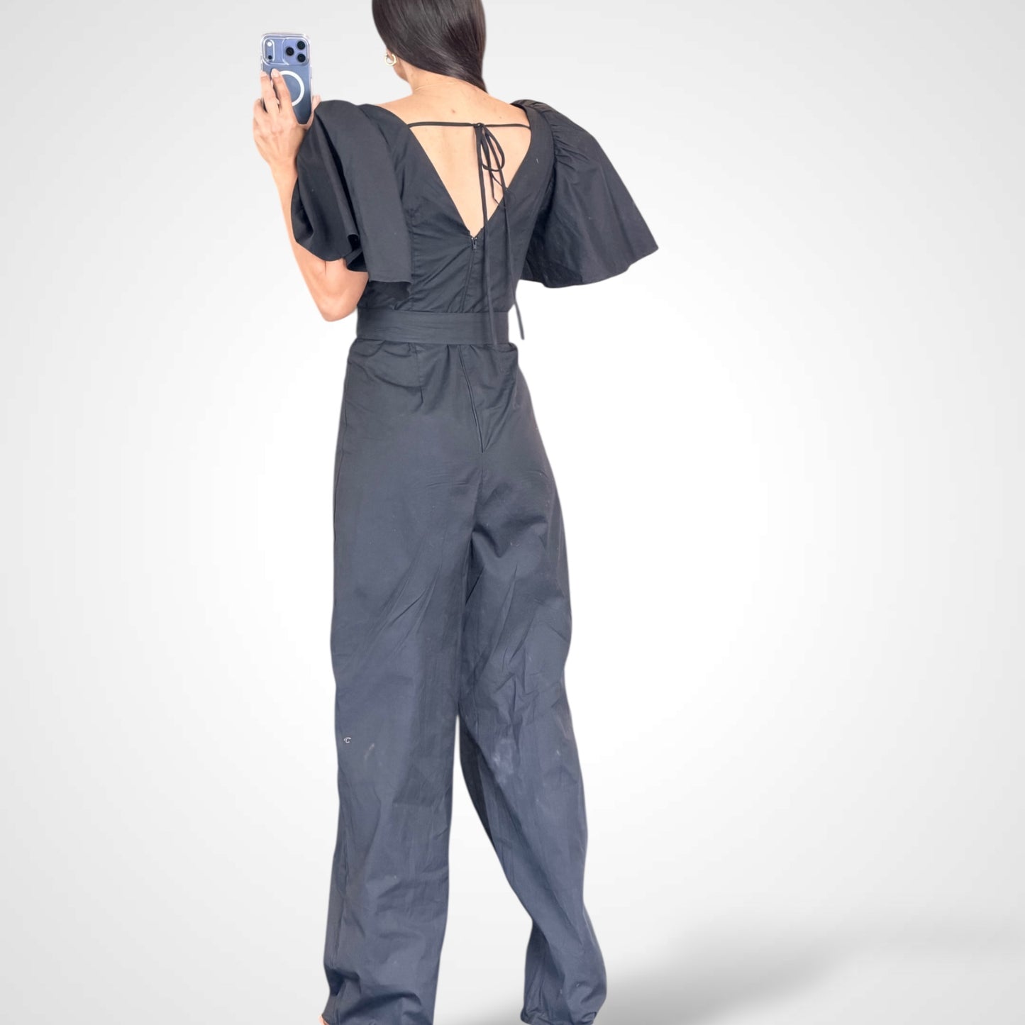 SJQ-Short Puff Sleeve V-neck Belted Wide Leg Jumpsuit