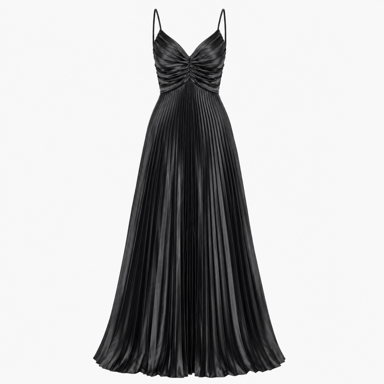 Black Thin Adjustable Strap Pleated Maxi Dress-5