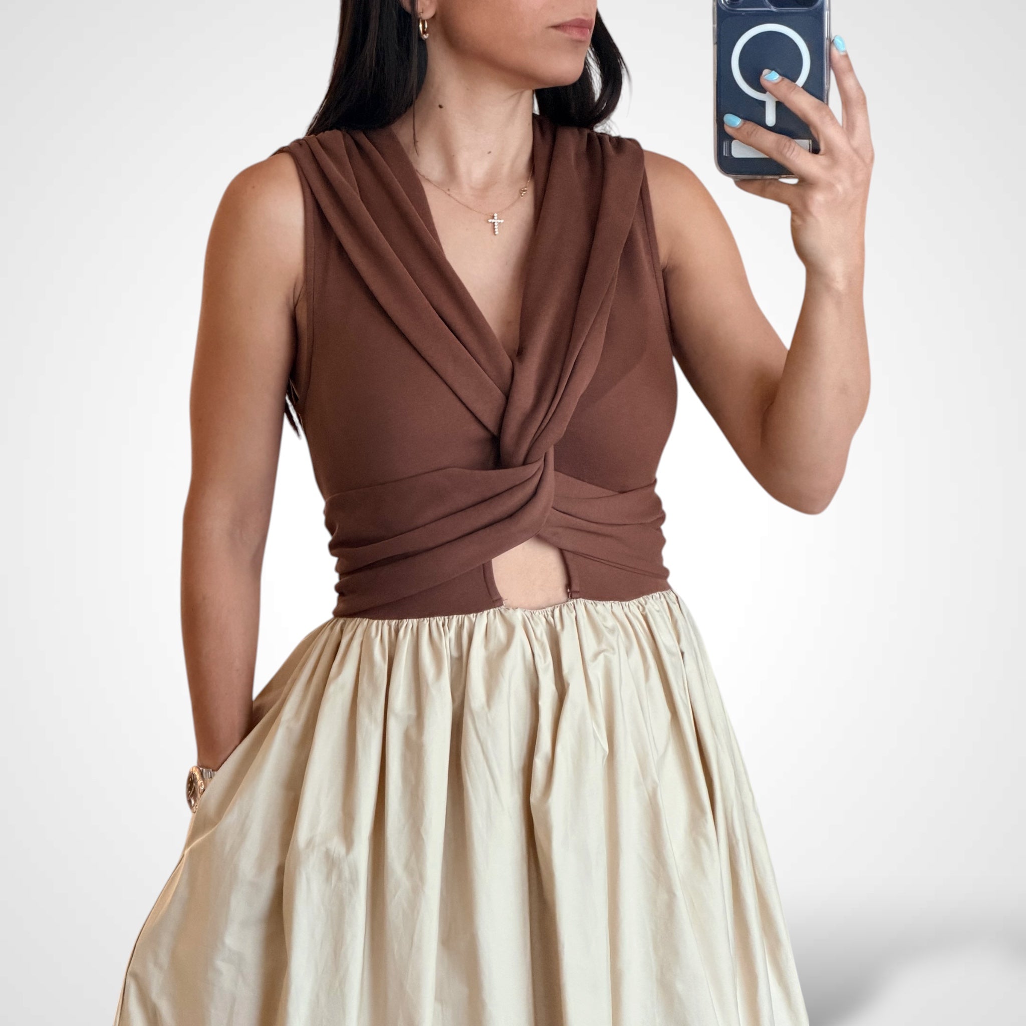 Brown Multi Solid Midi Dress•-2
