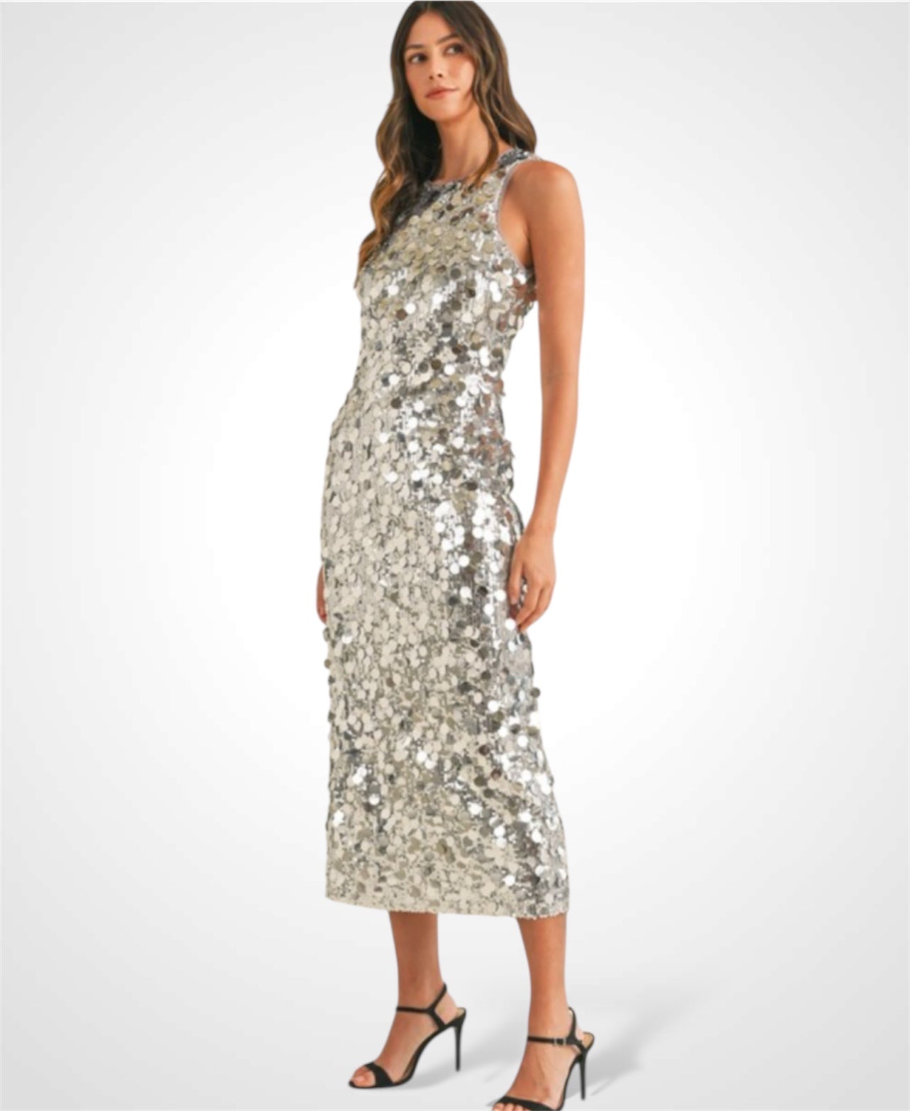 MIX SEQUINS SLEEVELESS BACK SLIT MAXI DRESS