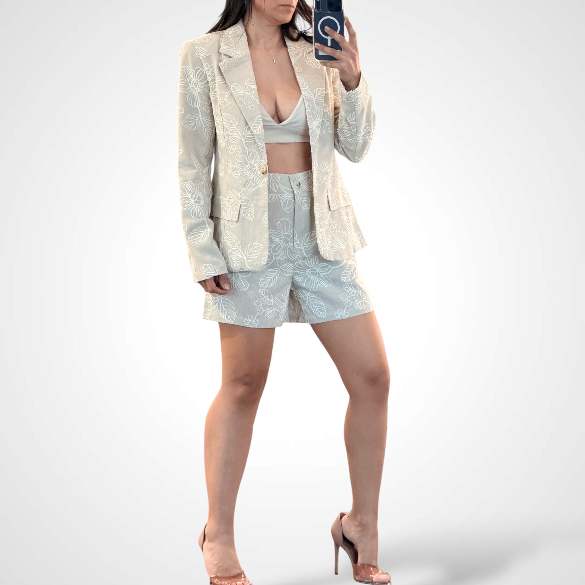 Embroidery Floral Long Sleeve Blazer & Shorts Set•-2