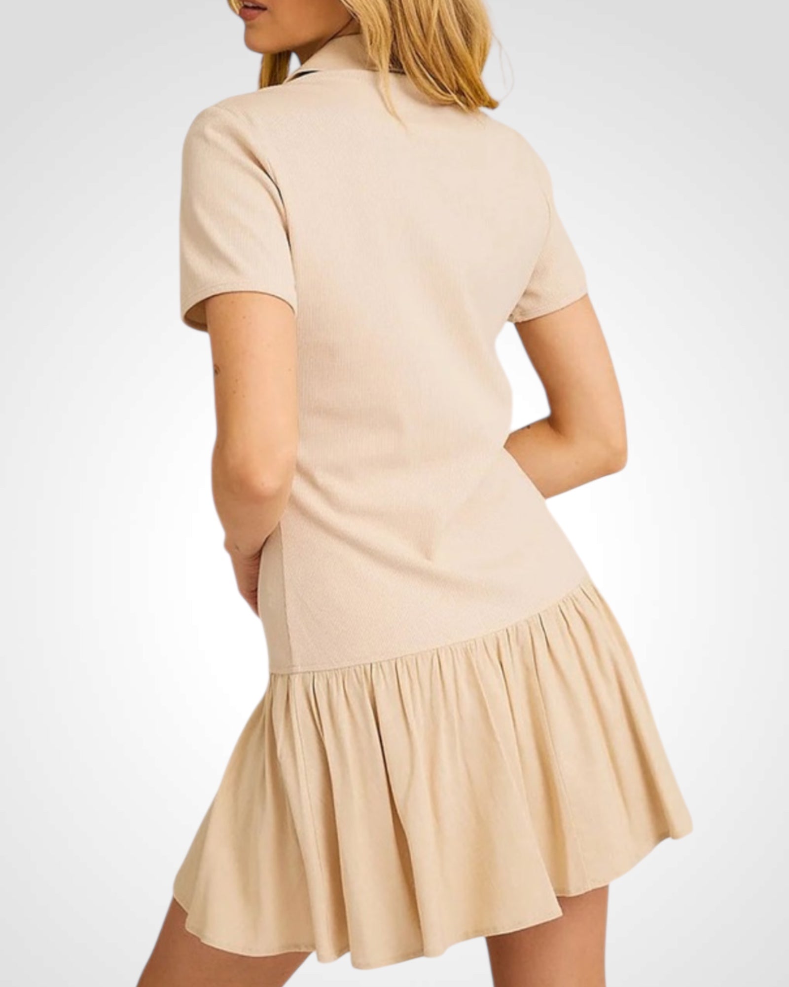 Ribbed Knit Collared Drop Waist Mini Dress