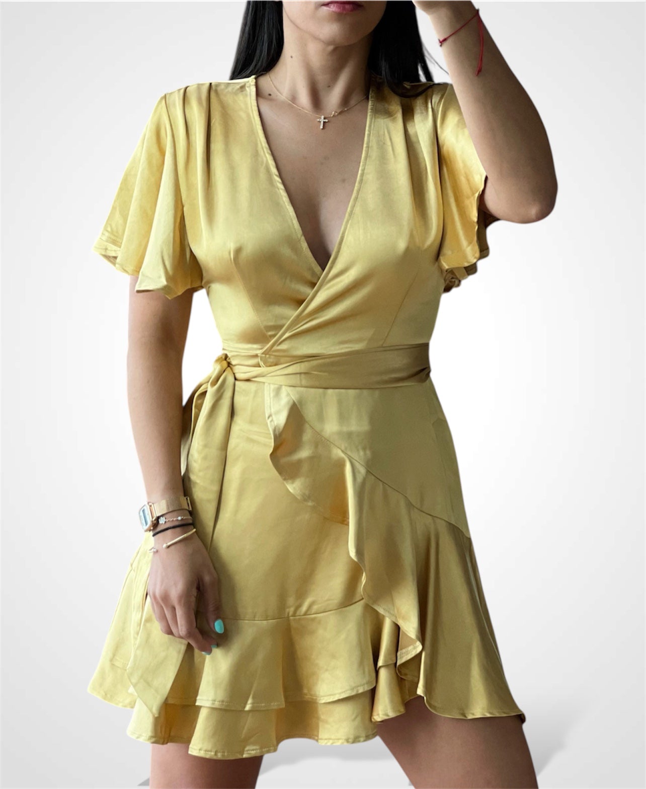 SATIN SHORT FLUTTER SLEEVED FAUX WRAP MINI•