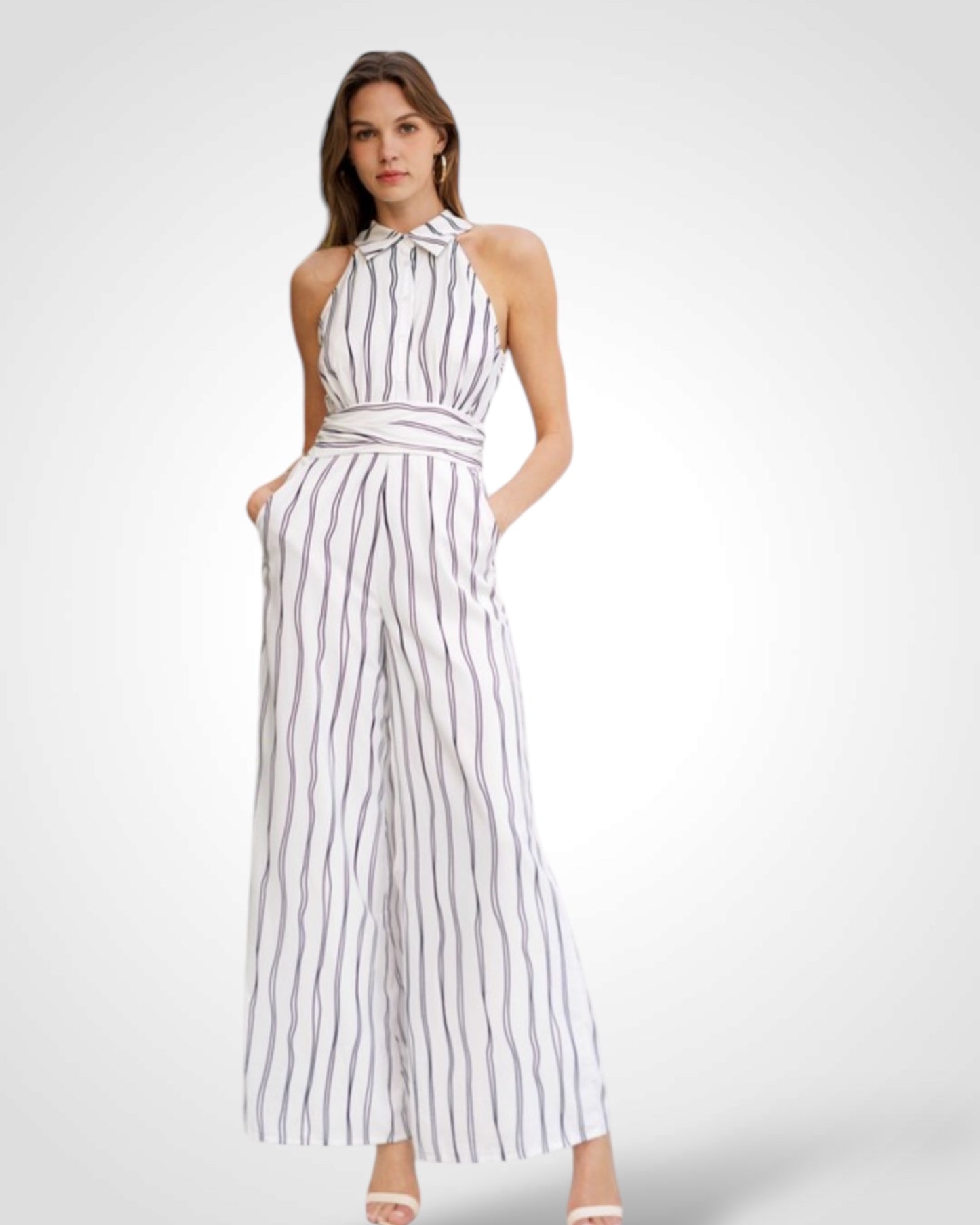Striped Collared Sleeveless Jumpsuit