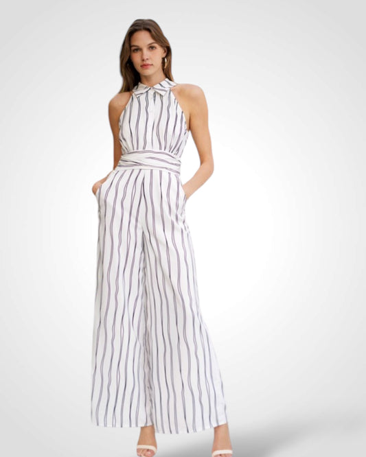 Striped Collared Sleeveless Jumpsuit