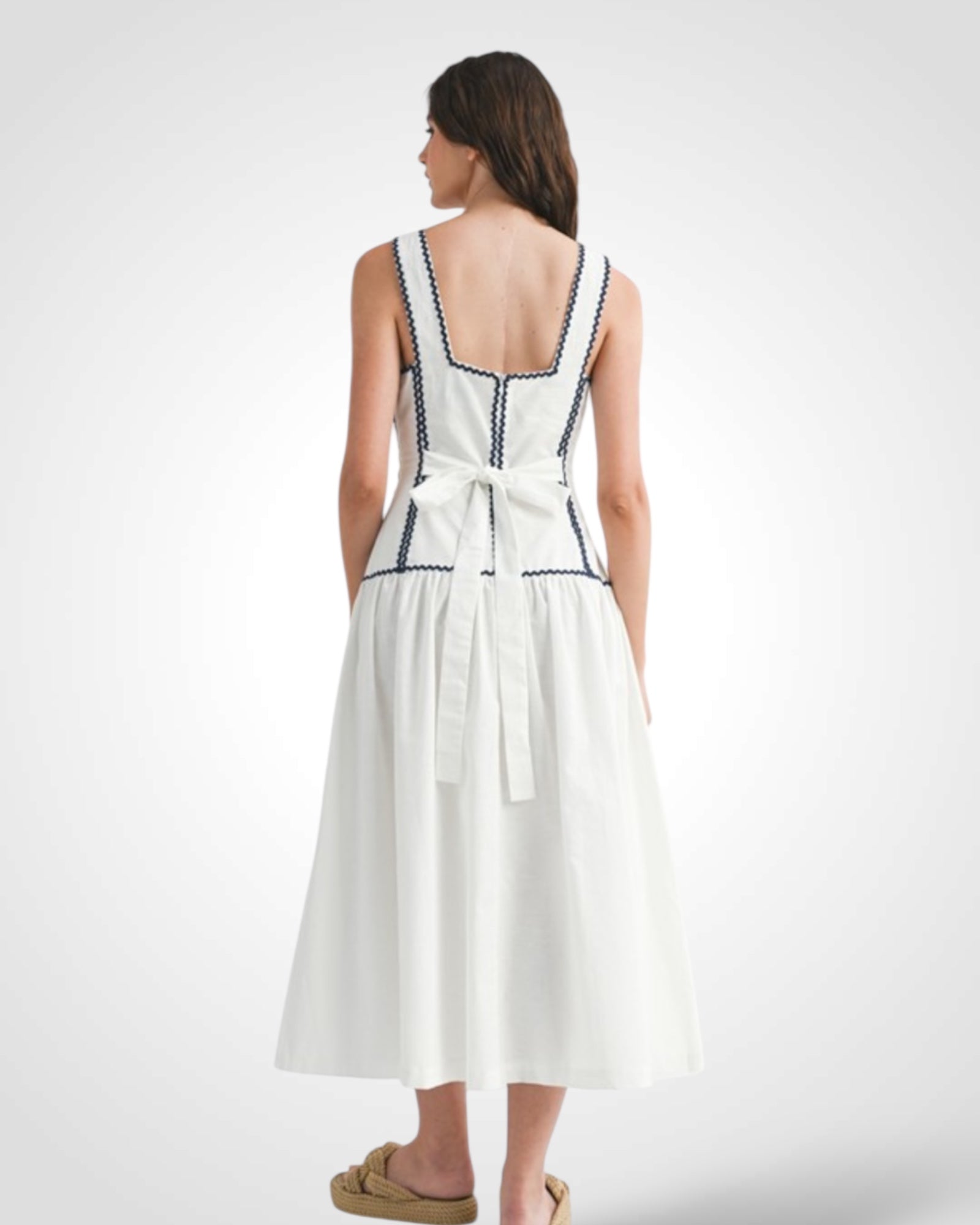 Sleeveless Square Neckline Ricrac Trim Midi Dress-5