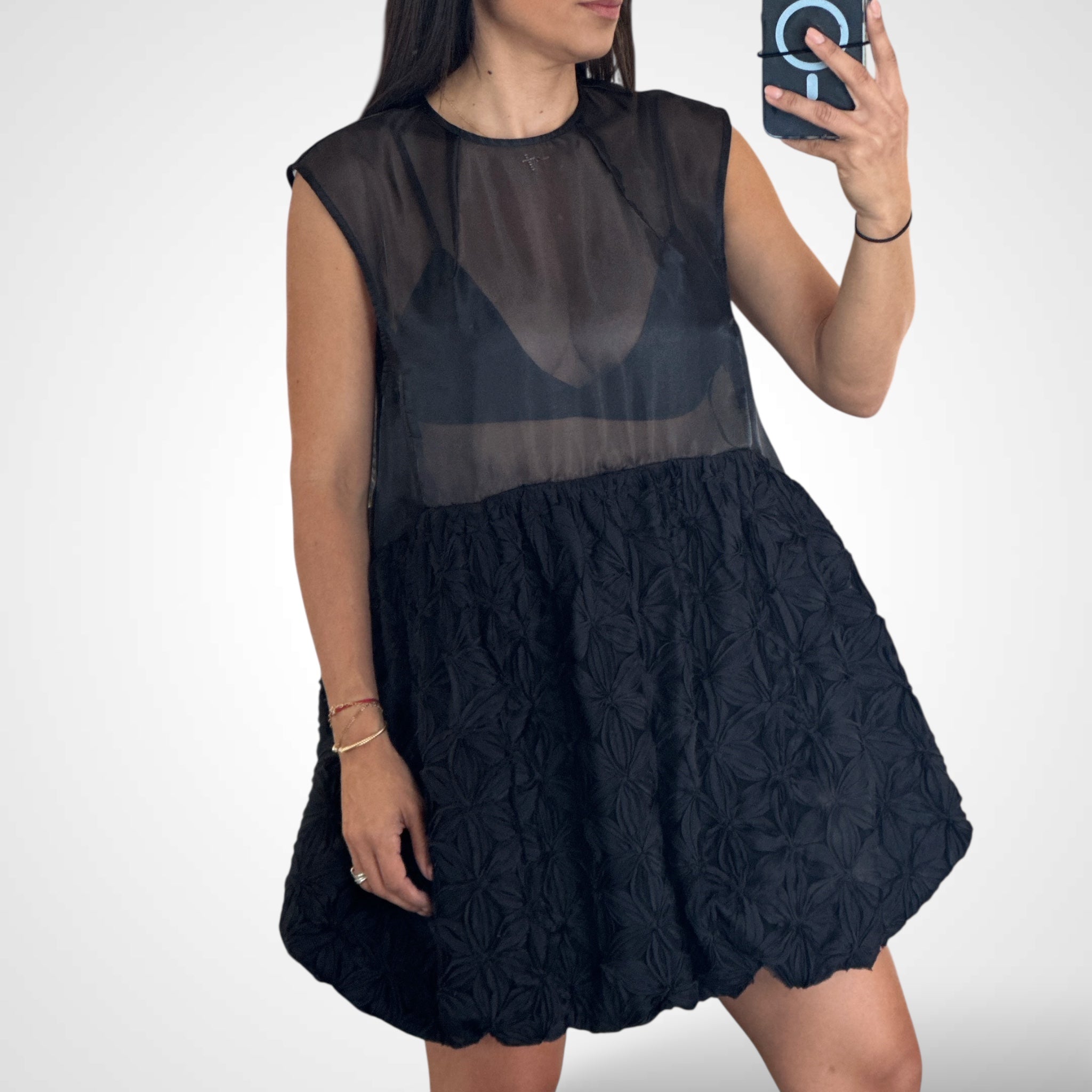 TEXTURED 3D FLORAL MINI DRESS•-1