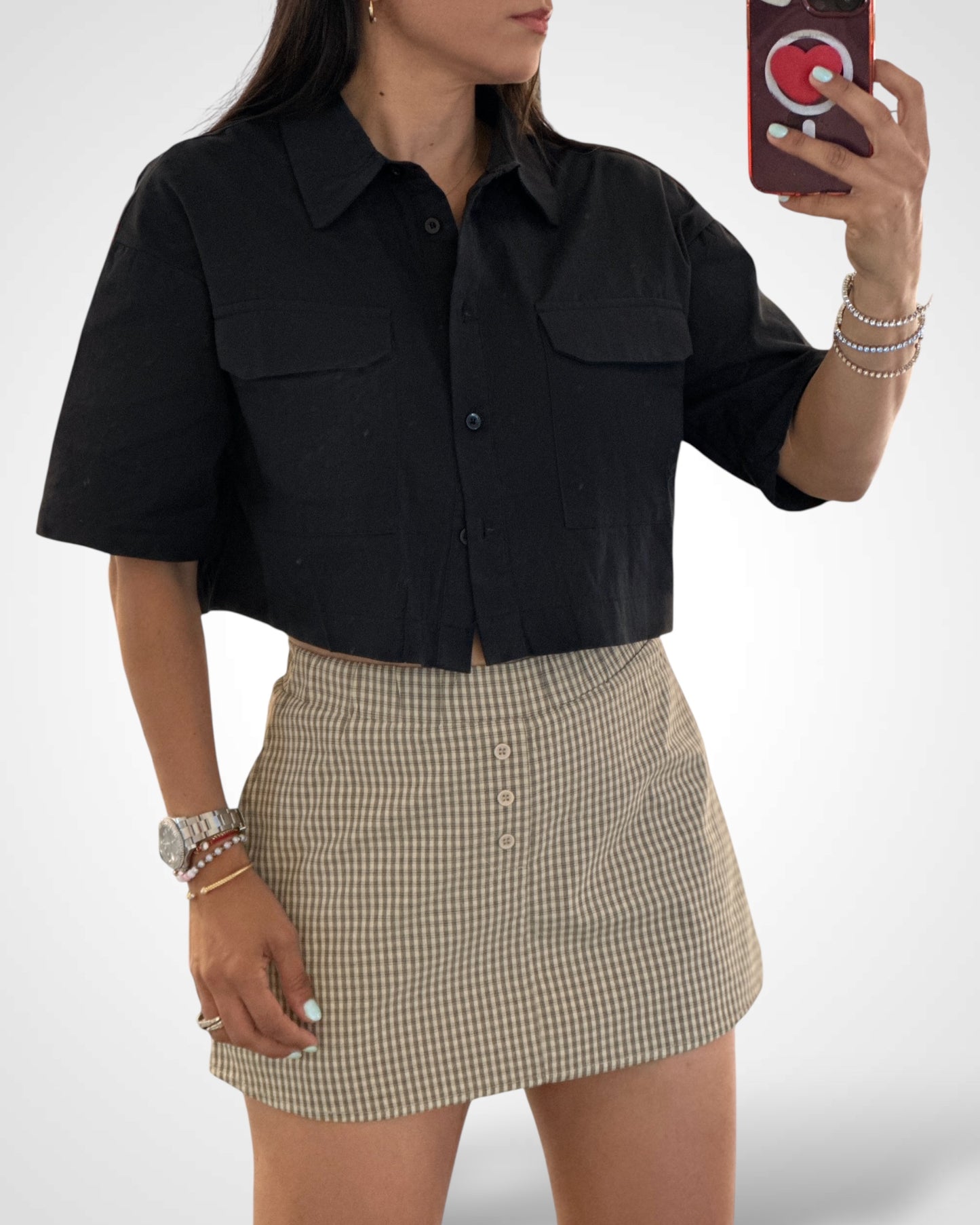 COTTON COLLARED SHORT SLEEVES BUTTON UP CROP TOP