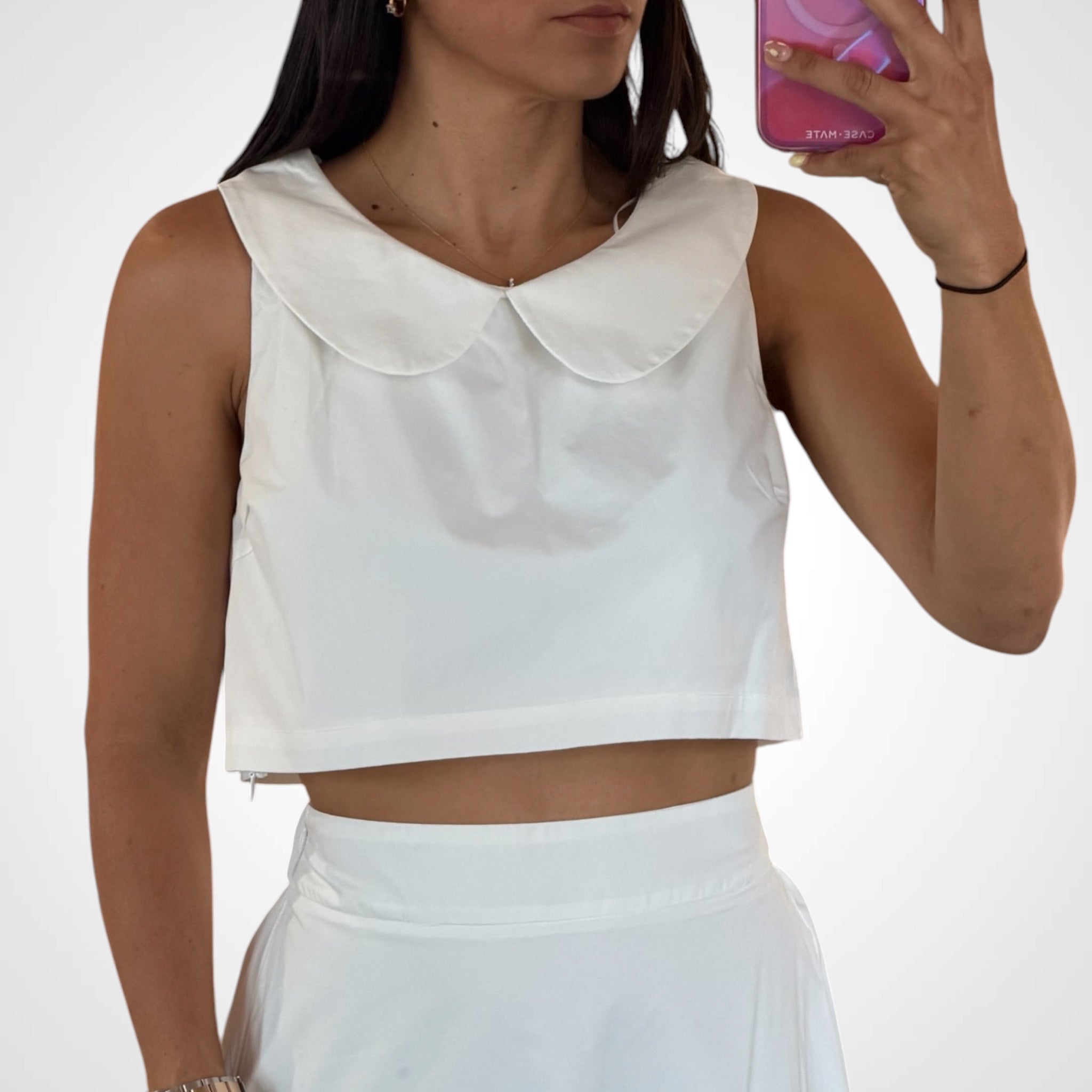POPLIN COLLAR SLEEVELESS CROP TOP AND SKIRT SET-2
