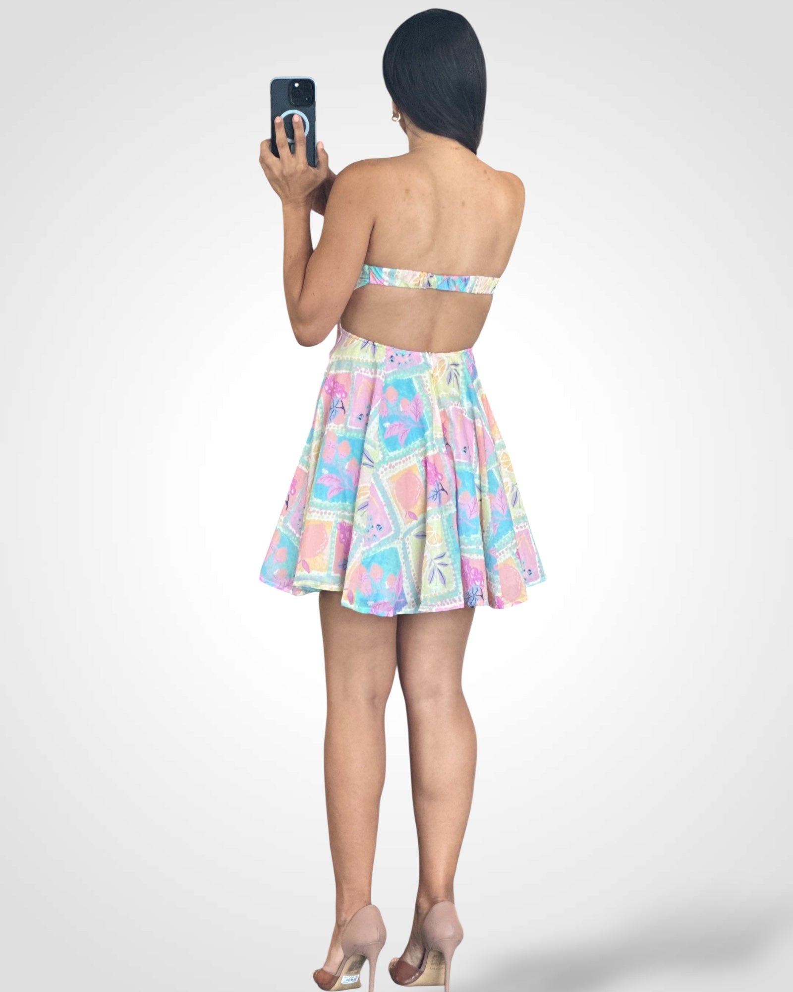 Pastel Fruit Tile Open Back Band Mini Dress•-3