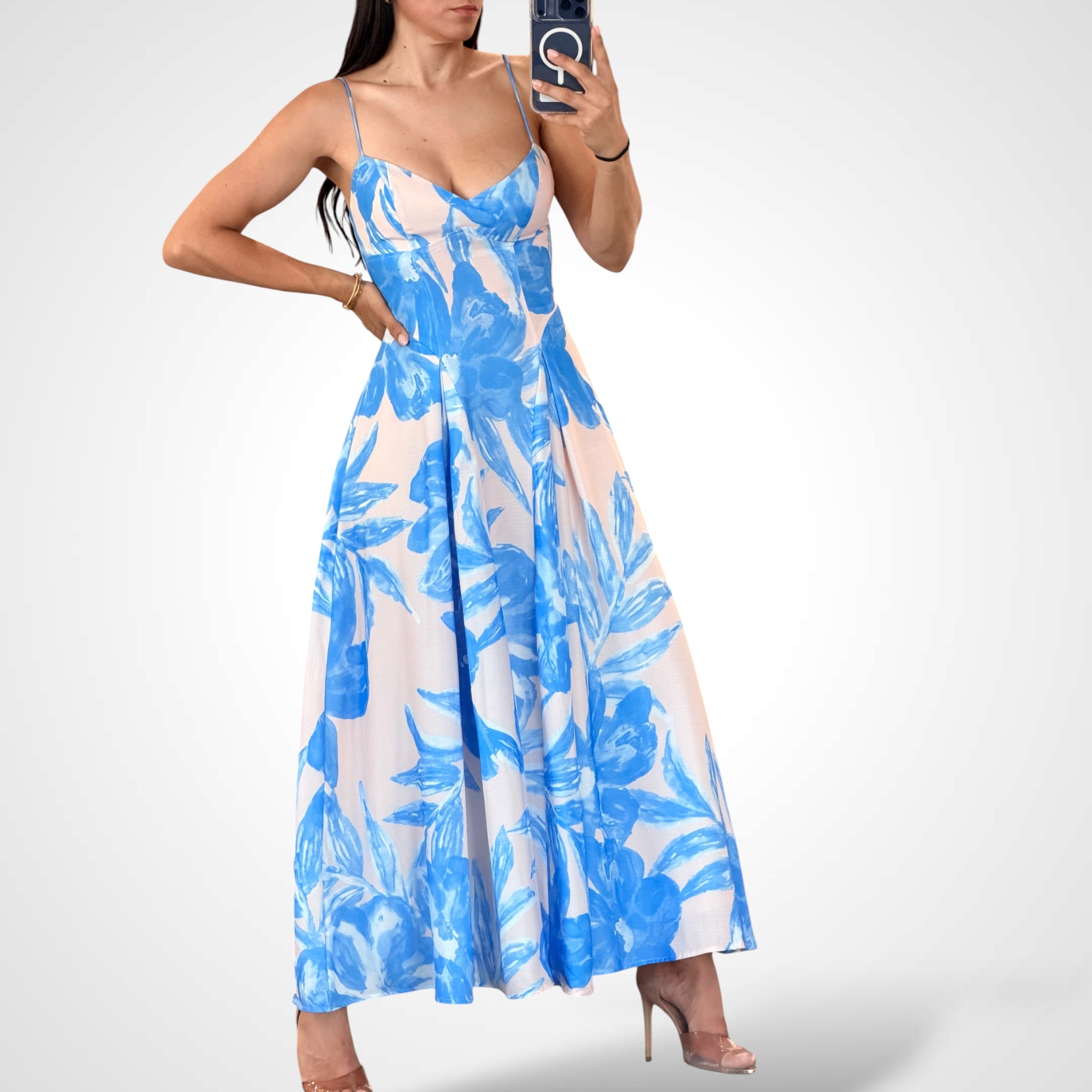 Blue Floral Midi Dress•