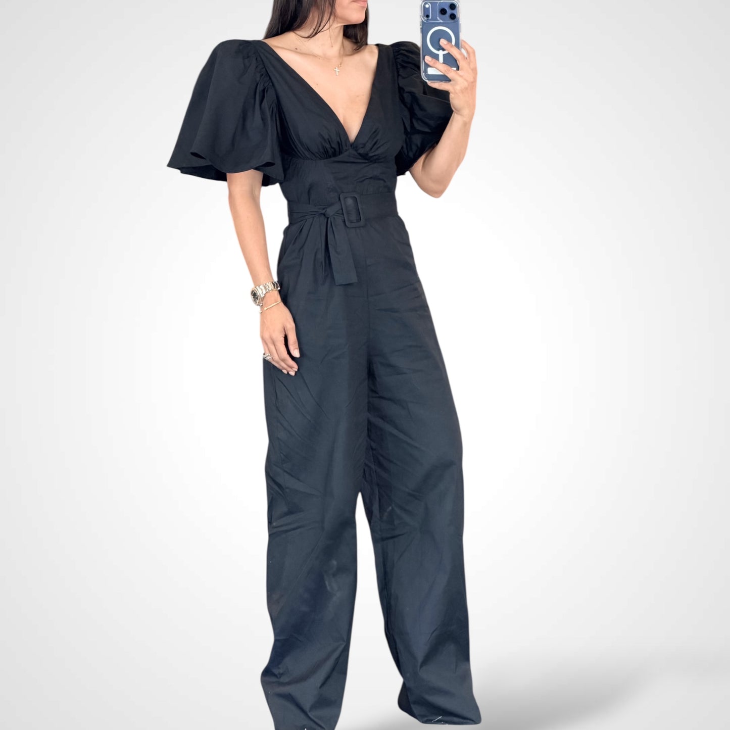 SJQ-Short Puff Sleeve V-neck Belted Wide Leg Jumpsuit