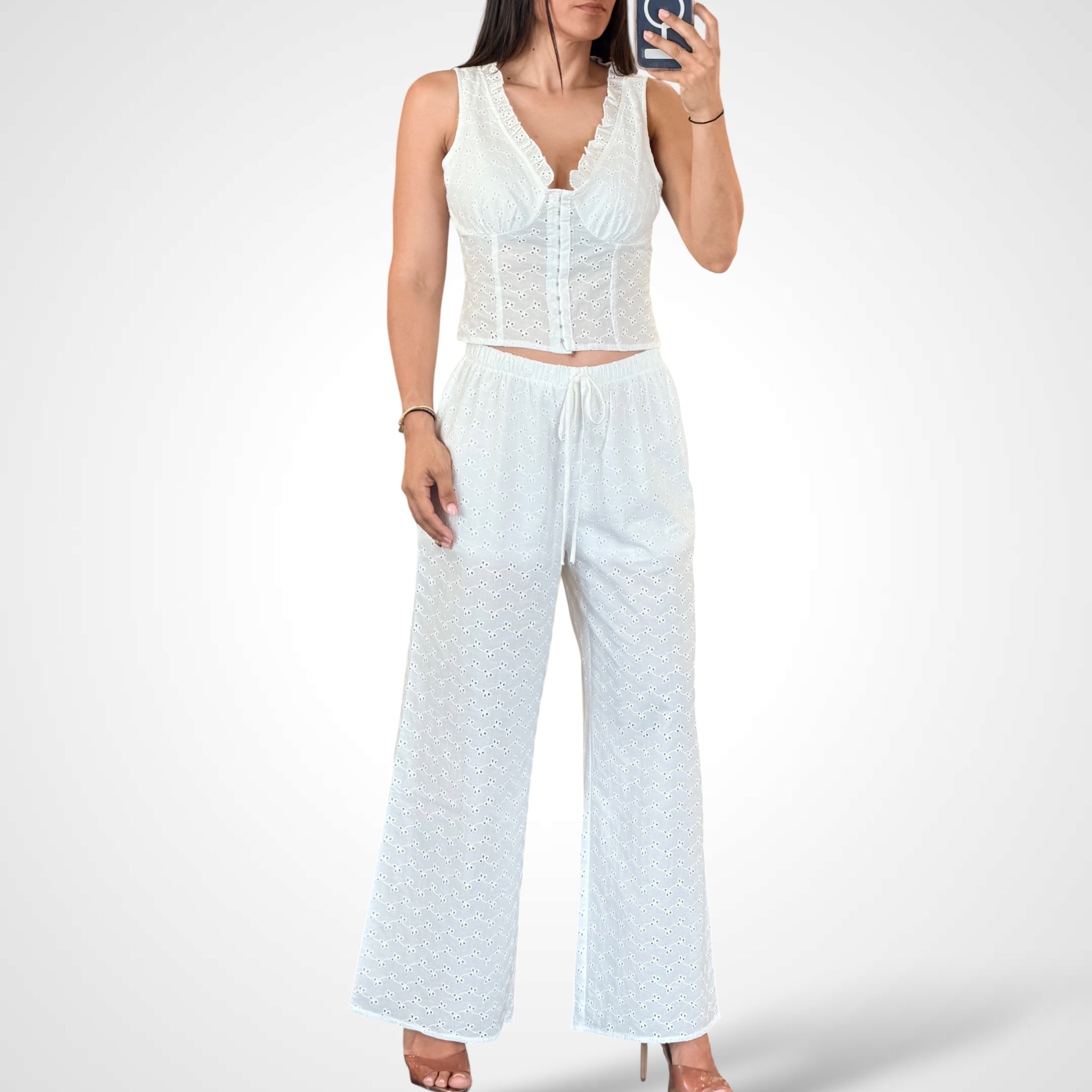 Button Up Top & Elastic Waist Wide Leg Pants Eyelet 2pc Set•