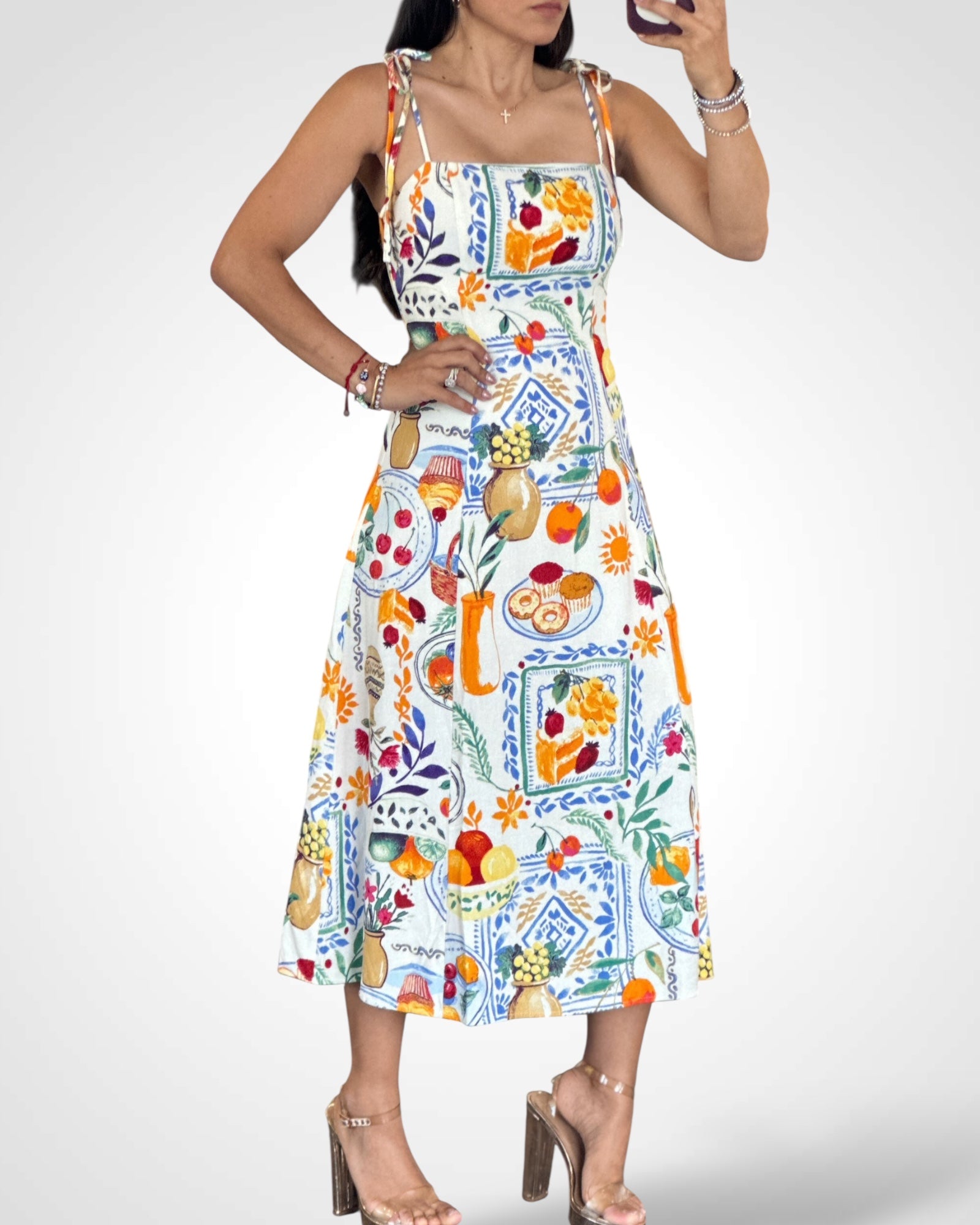 SHOULDER TIE MIDI DRESS•