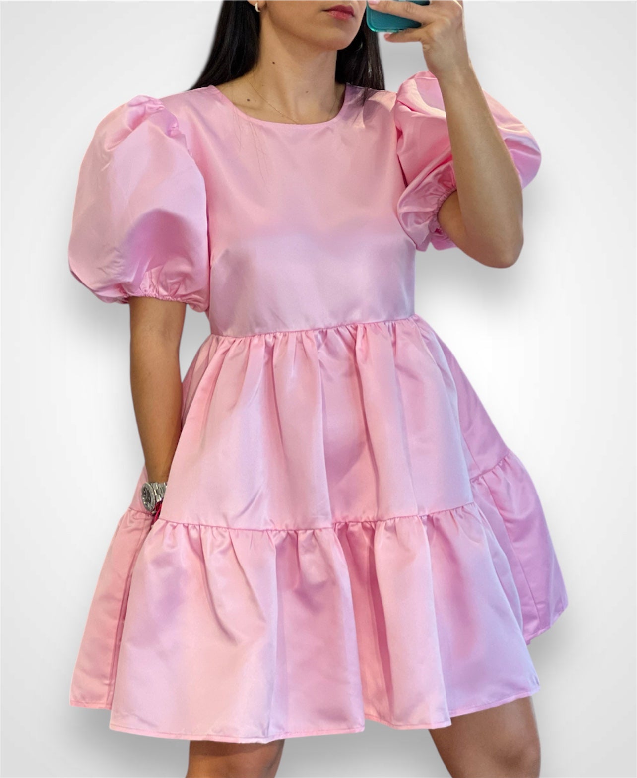 SATIN TIERED PUFF SLEEVE MINI DRESS•