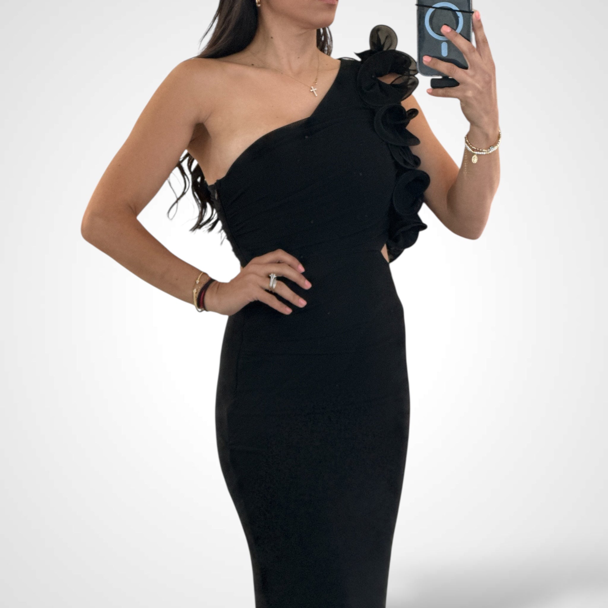 Black One Shoulder Mesh Maxi Dress