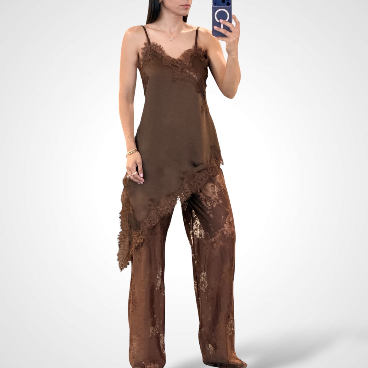 Mocha Lace Satin Set