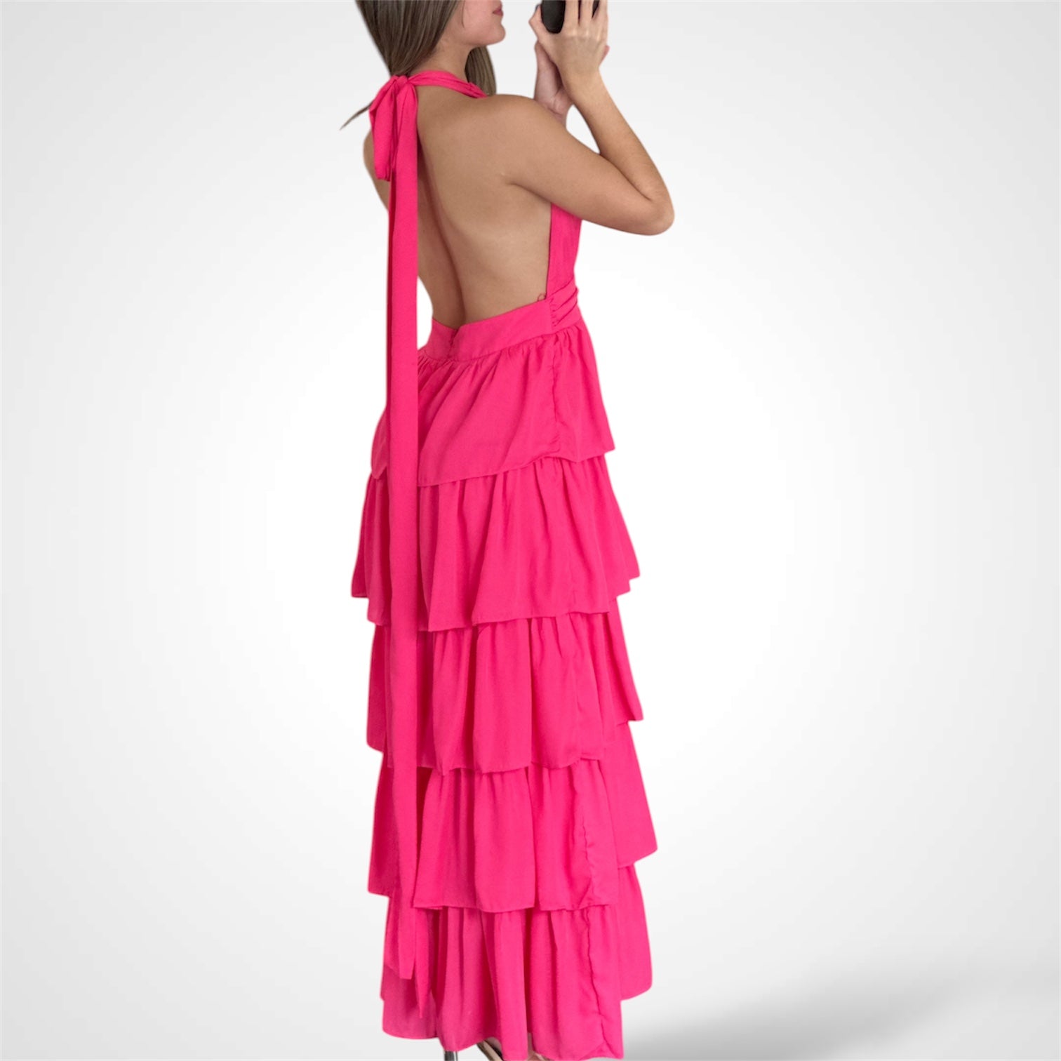 SLEEVELESS V-NECK OPEN BACK RUFFLE TIERED DRESS•-3