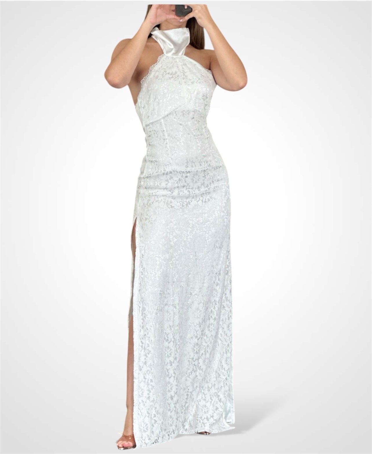 WHITE FLORAL LACE HALTER TIE MAXI DRESS•