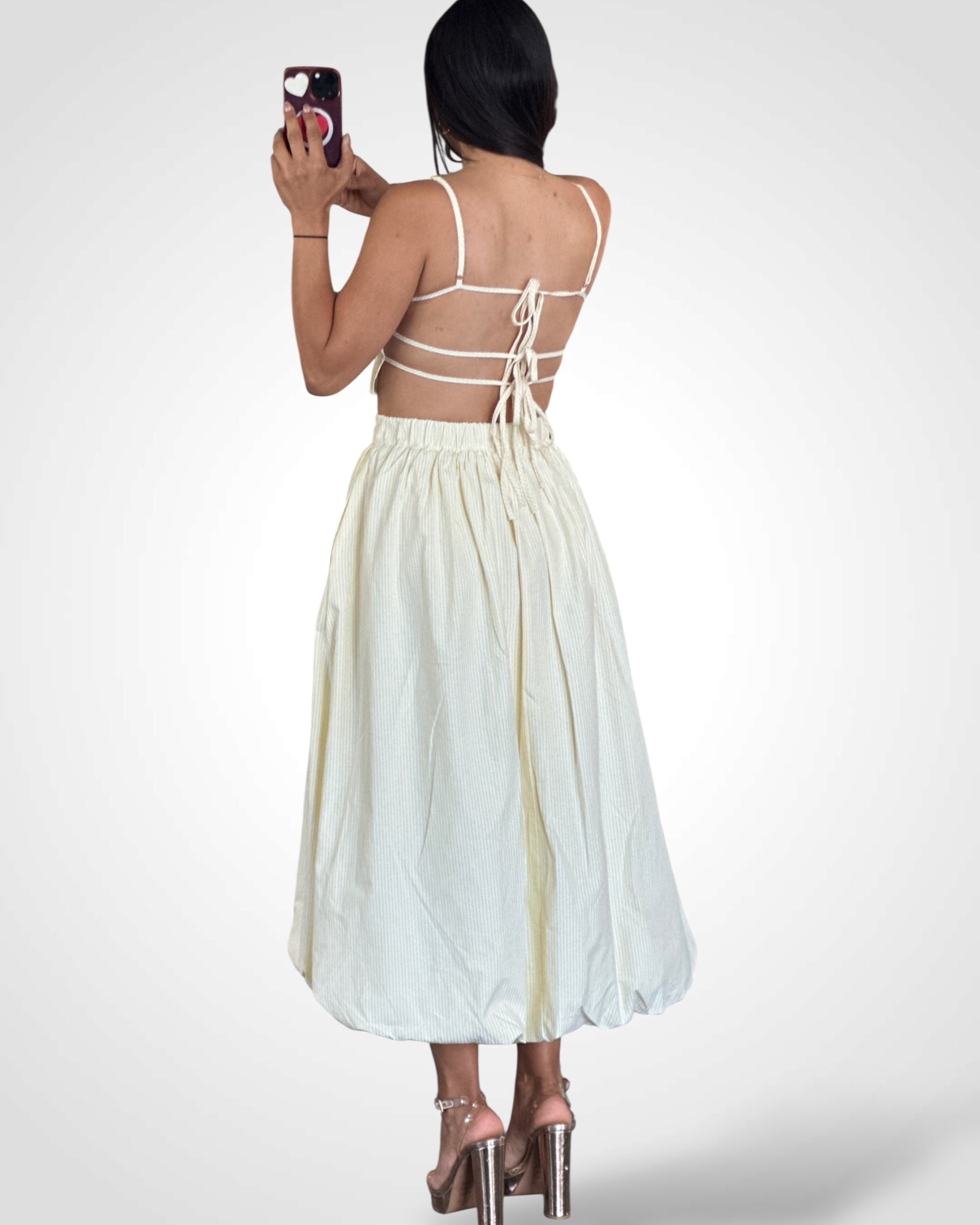 BACK TIE DETAIL SPAGHETTI TOP WITH BUBBLE HEM MIDI SKIRT