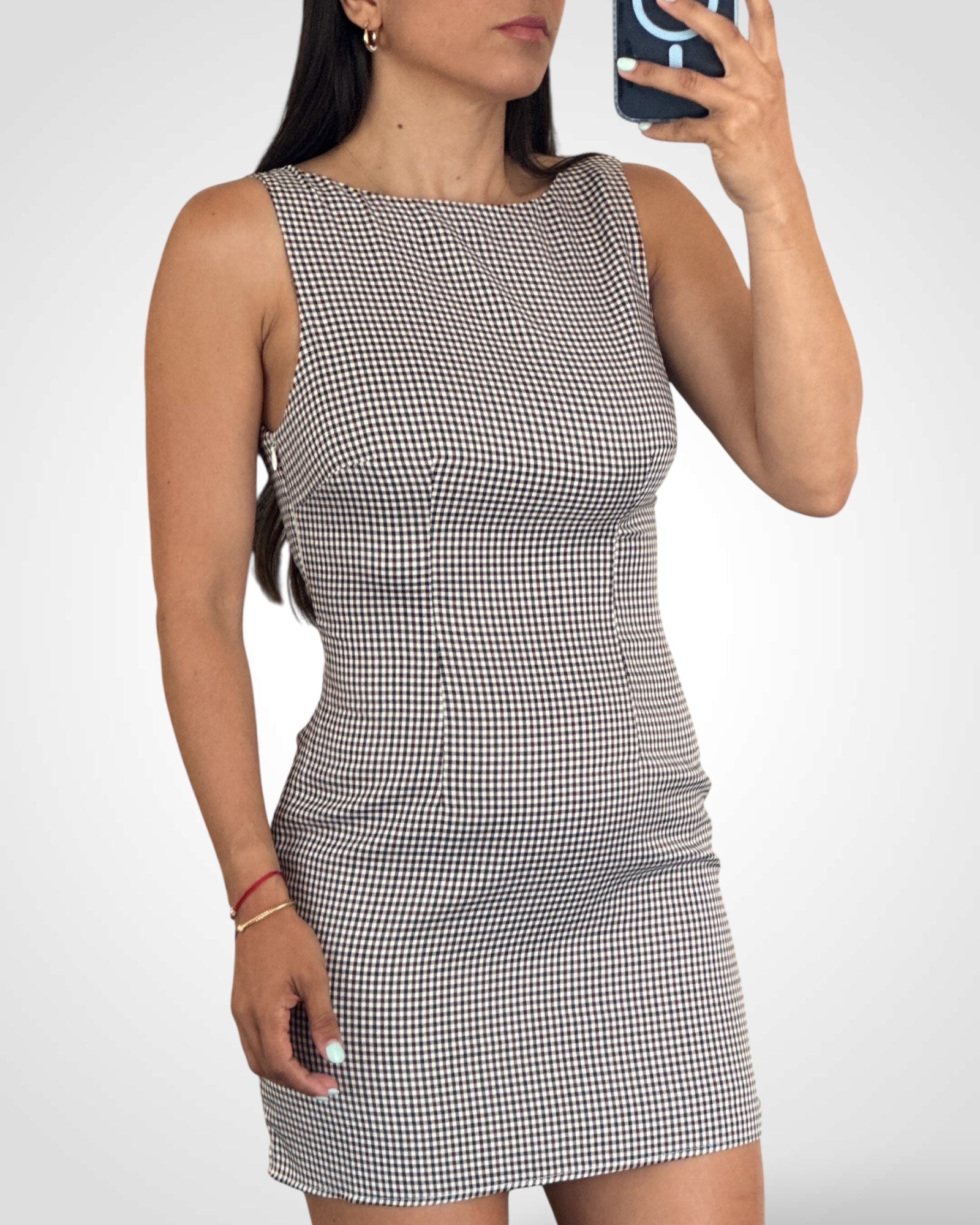 BROWN CHECKERED MINI DRESS•