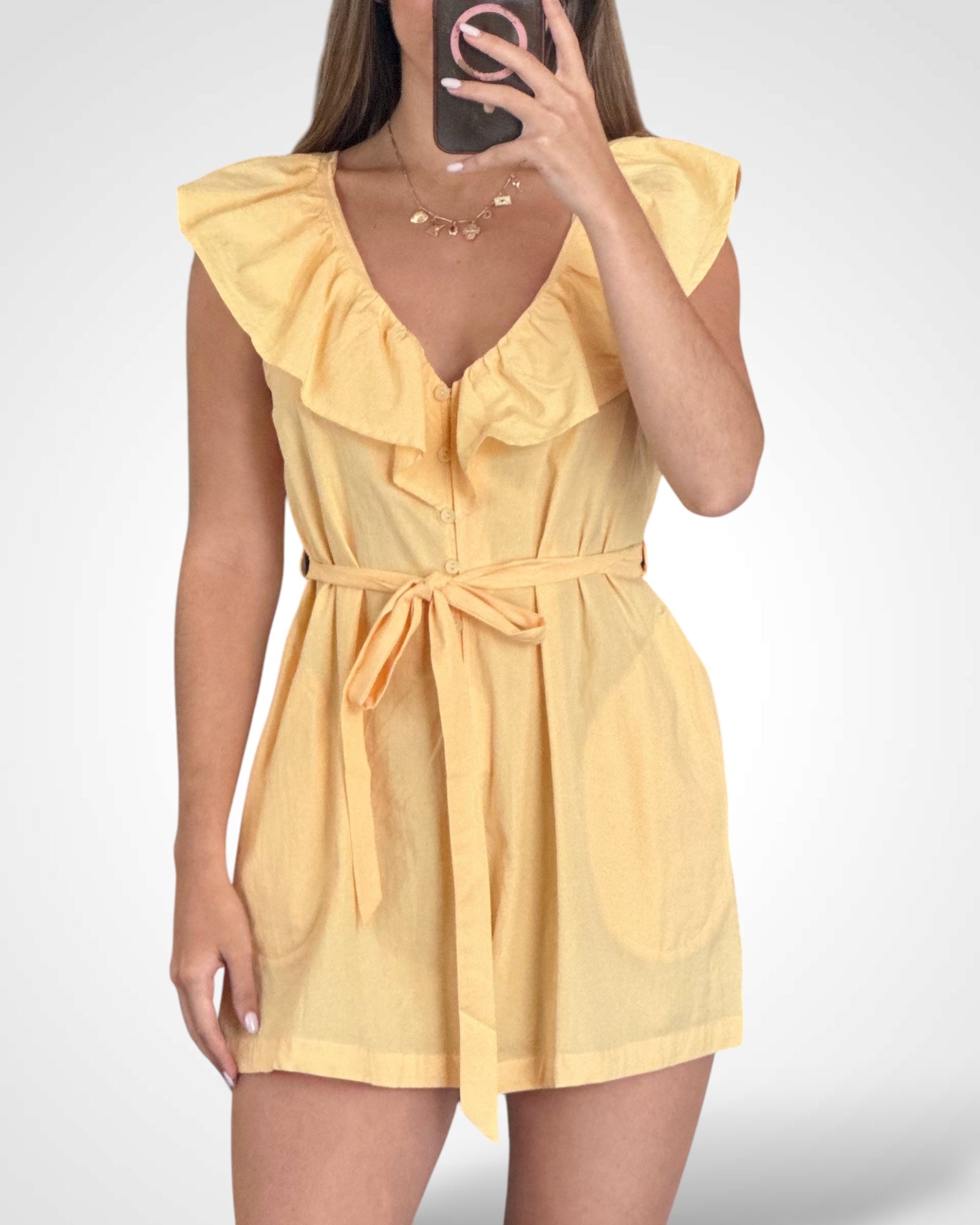 RUFFLE DETAIL BACK TIE ROMPER W/ WAIST TIE•