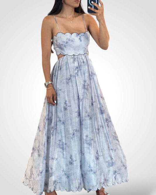 FLORAL PRINTED SCALLOP EMBO MIDI DRESS