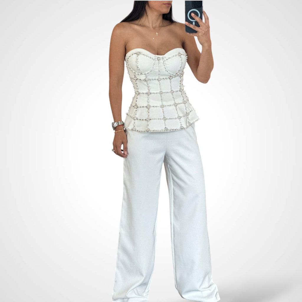 WHITE EMBELLISHED PANT SET