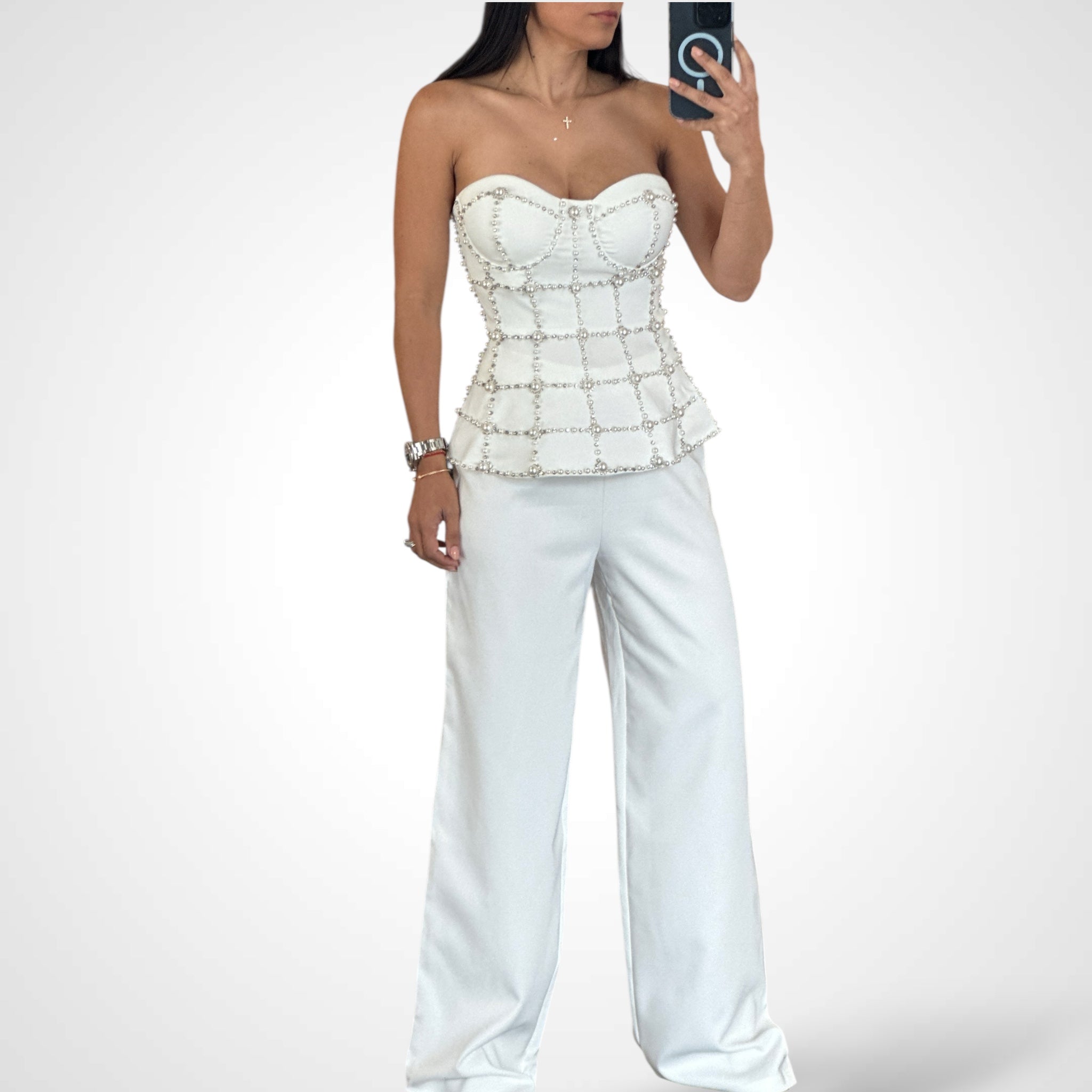 WHITE EMBELLISHED PANT SET•-1