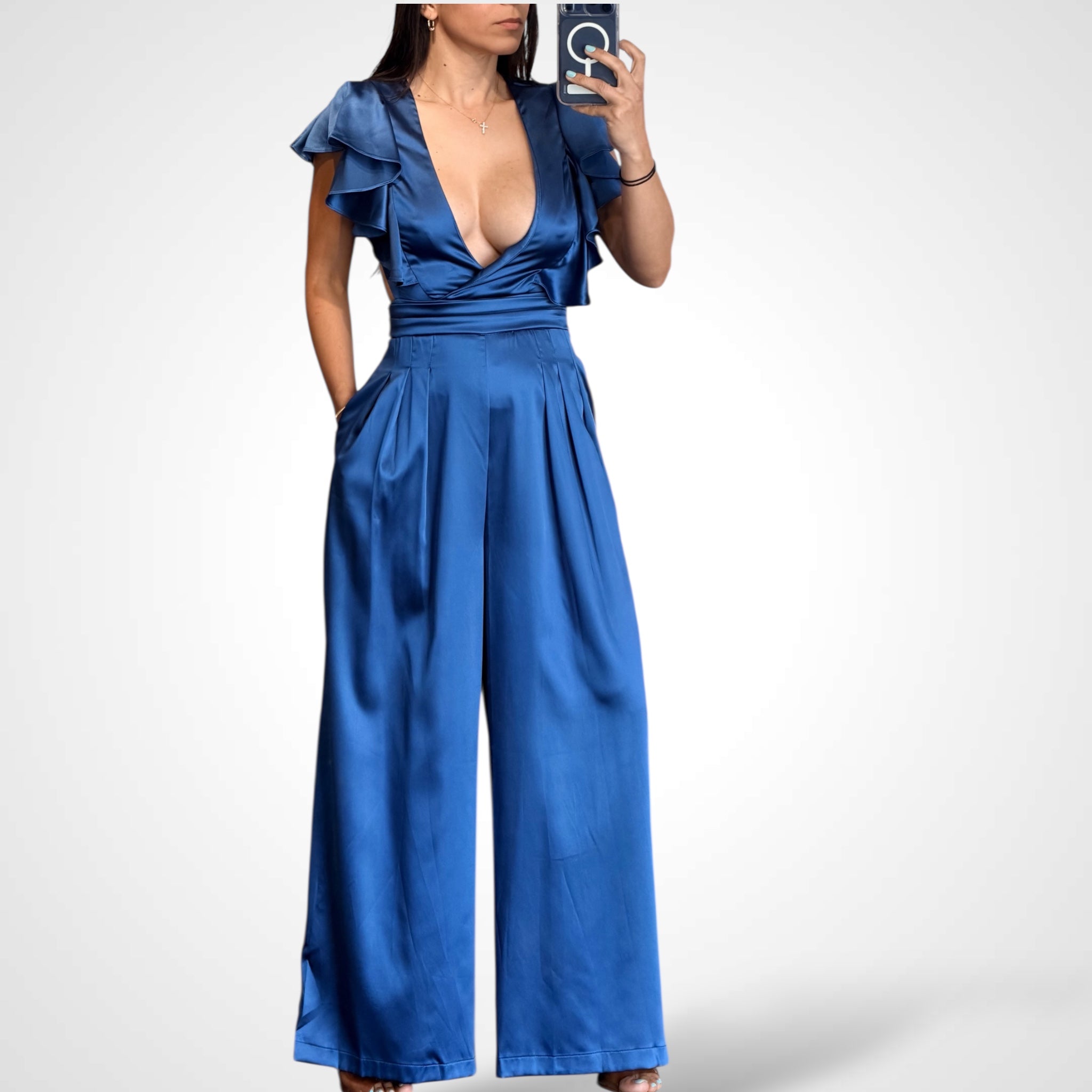 Royal Blue Satin Ruffle Detail Jumpsuit•