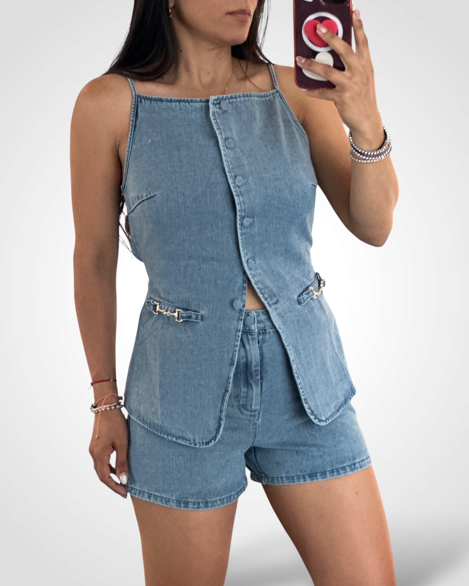 Denim Short Set Detail Silver