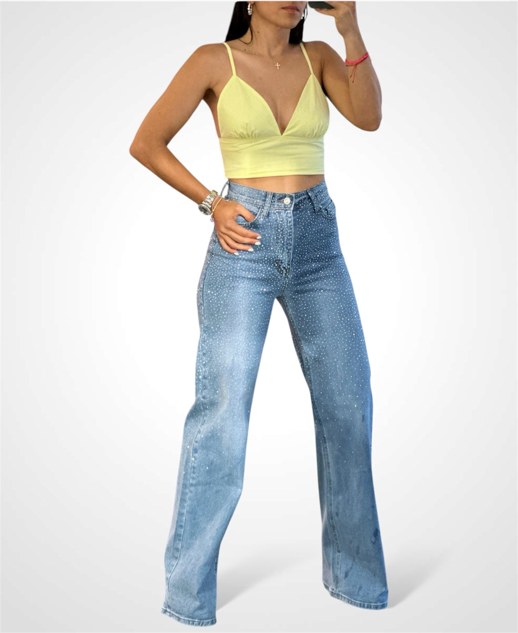 IRIDESCENT RHINESTONE HIGH-RISE WIDE LEG JEANS