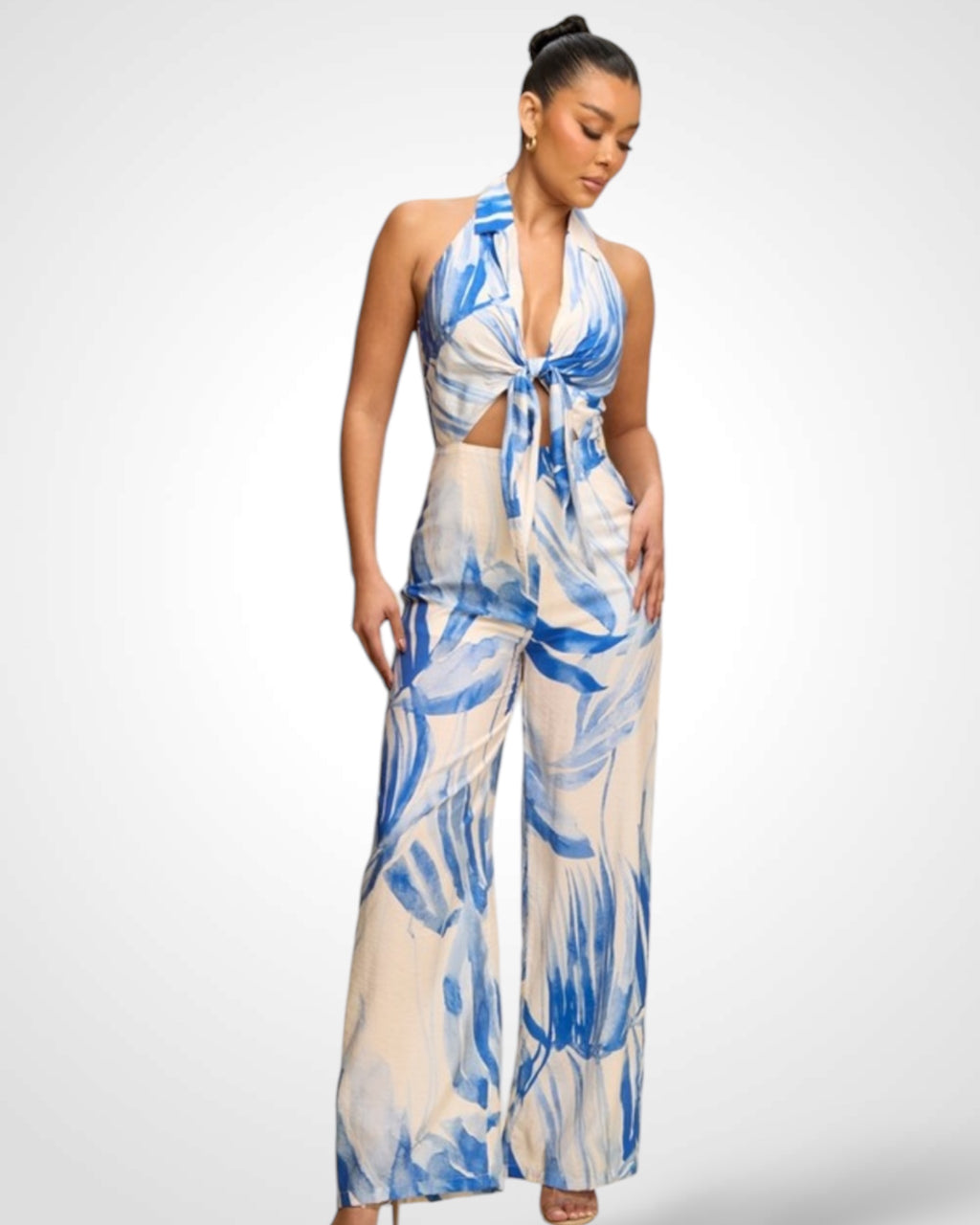 SJQ-PALMS PRINT HALTER NECK JUMPSUIT