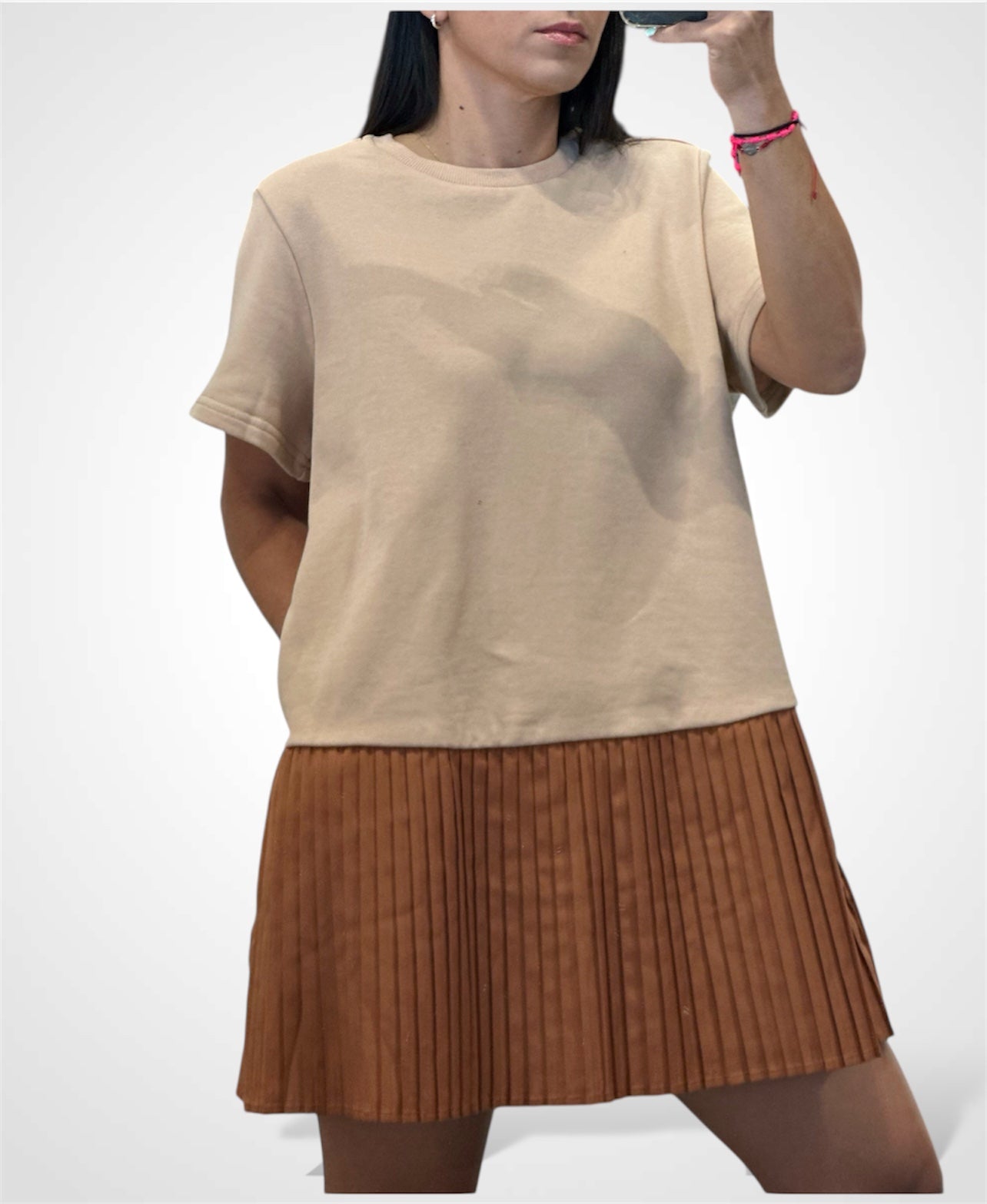 POPLIN PLEATED CONTRAST KNIT MINI DRESS