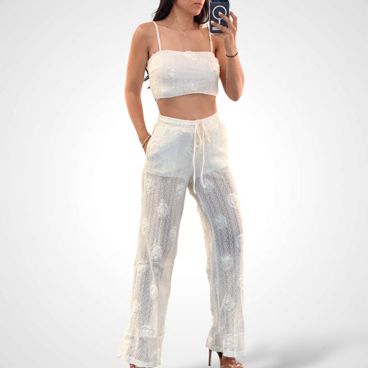 SJQ-Crop Top Elastic Waist Pants Flower Lace Set