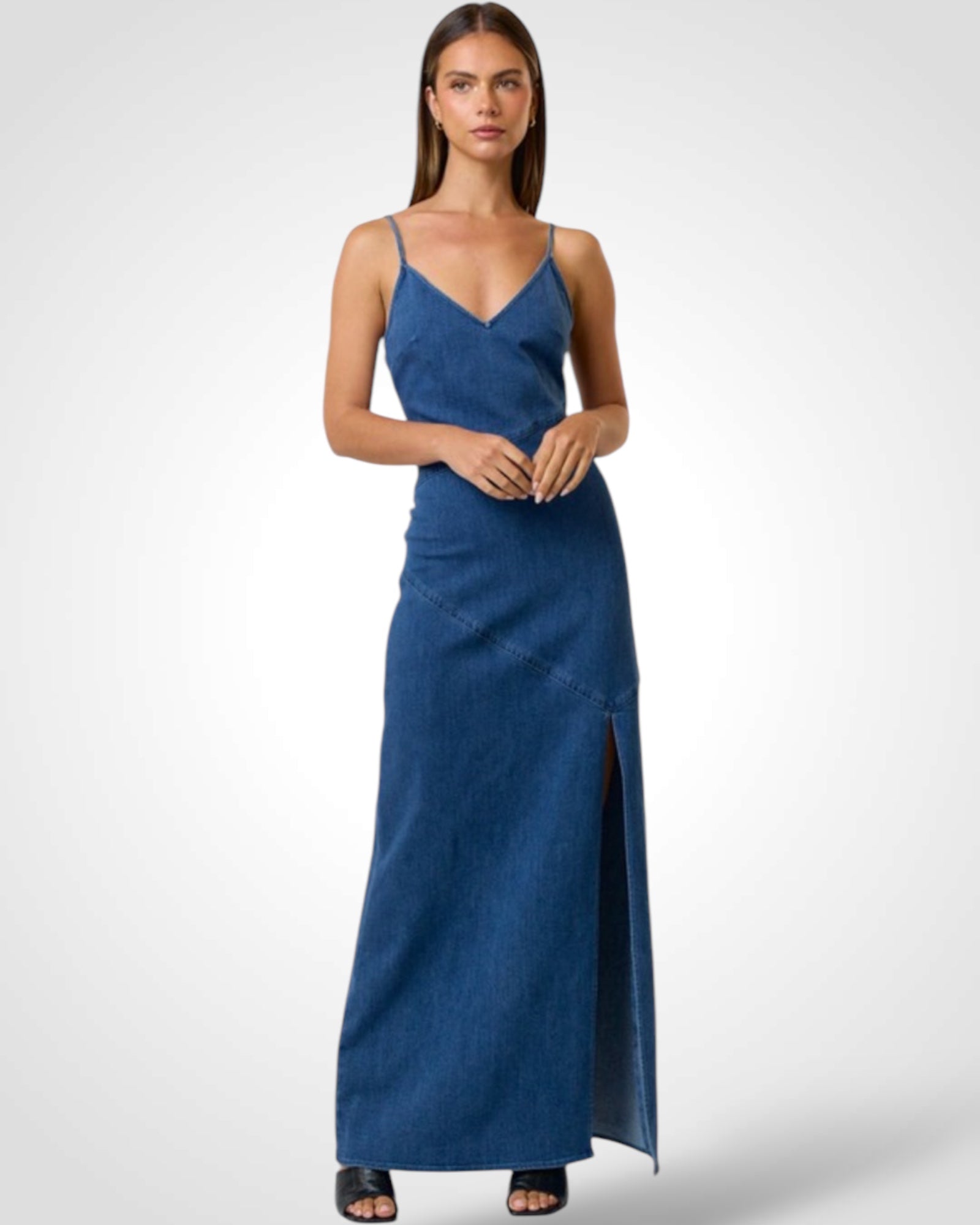STRETCH DENIM HIGH SLIT MAXI DRESS•