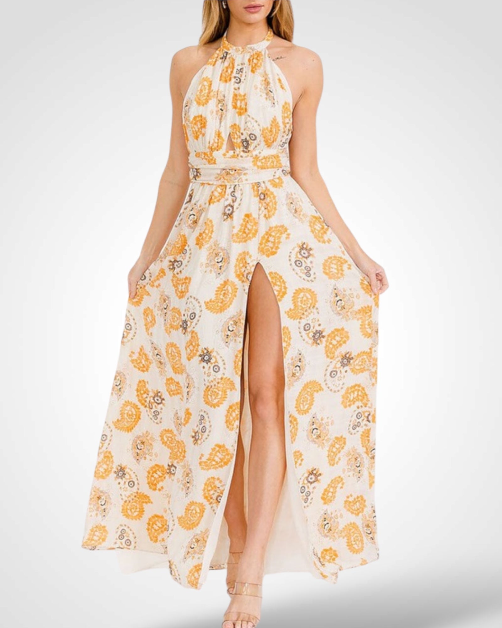 HALTER NECK OPEN BACK FRONT SLIT FLORAL MAXI DRESS