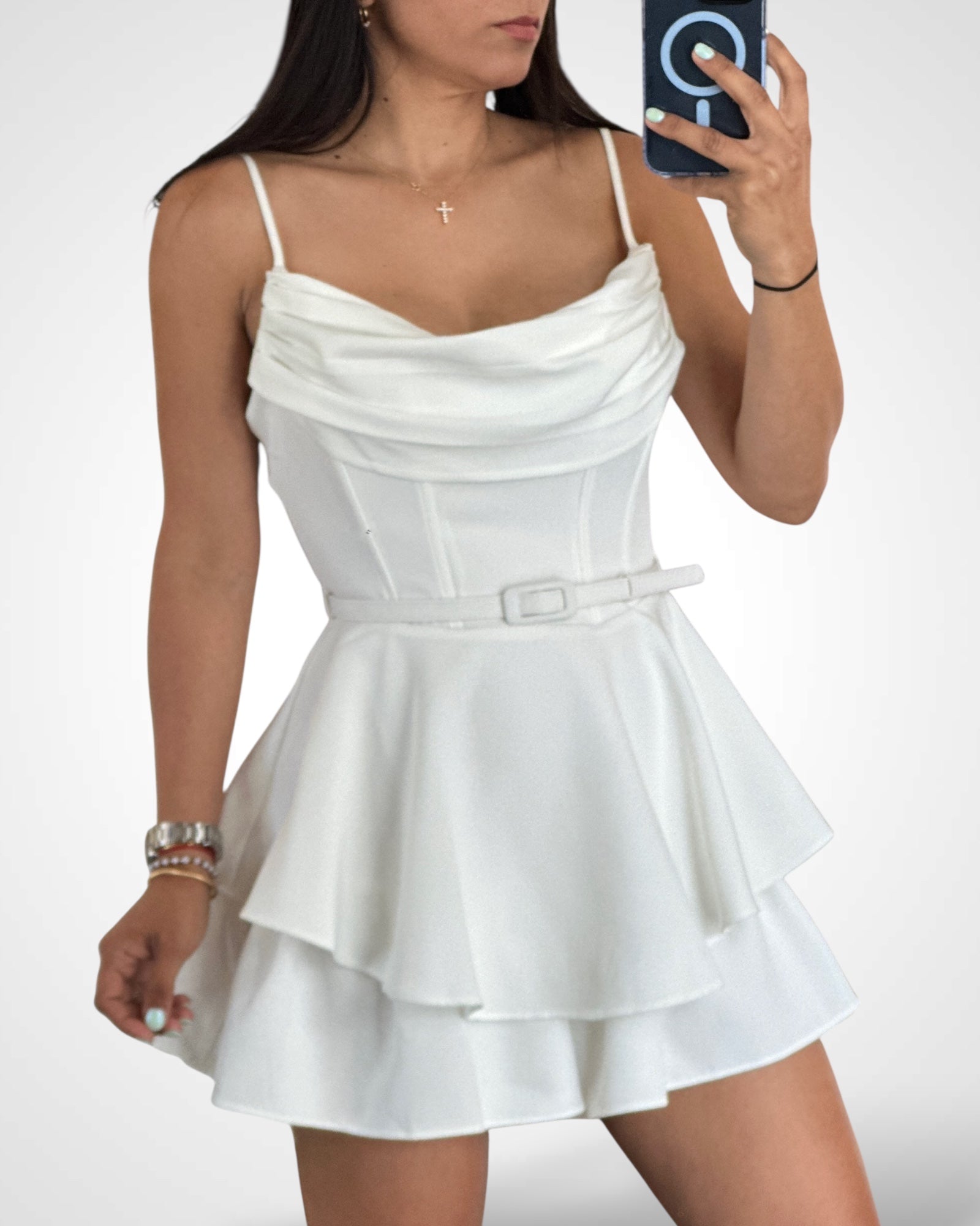 WHITE COWL FRONT PLEATED ROMPER•