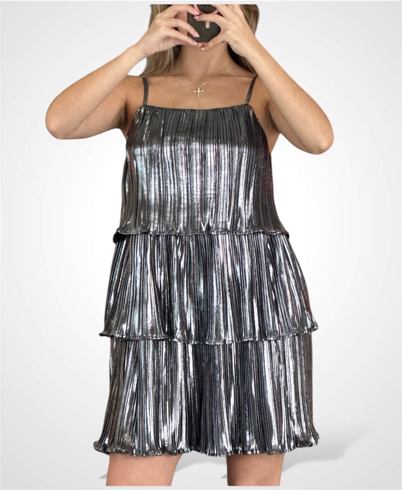 SLEEVELESS RUFFLE TIERED TUNIC SHIMMER MINI DRESS•