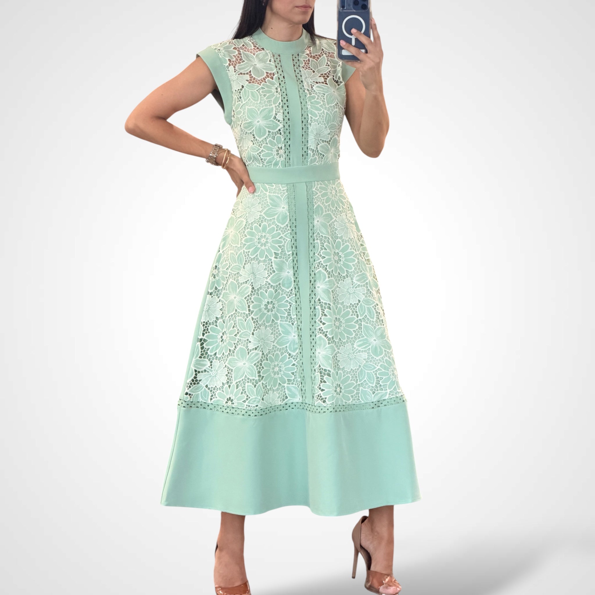 MINT BLOSSOM LACE MIDI DRESS