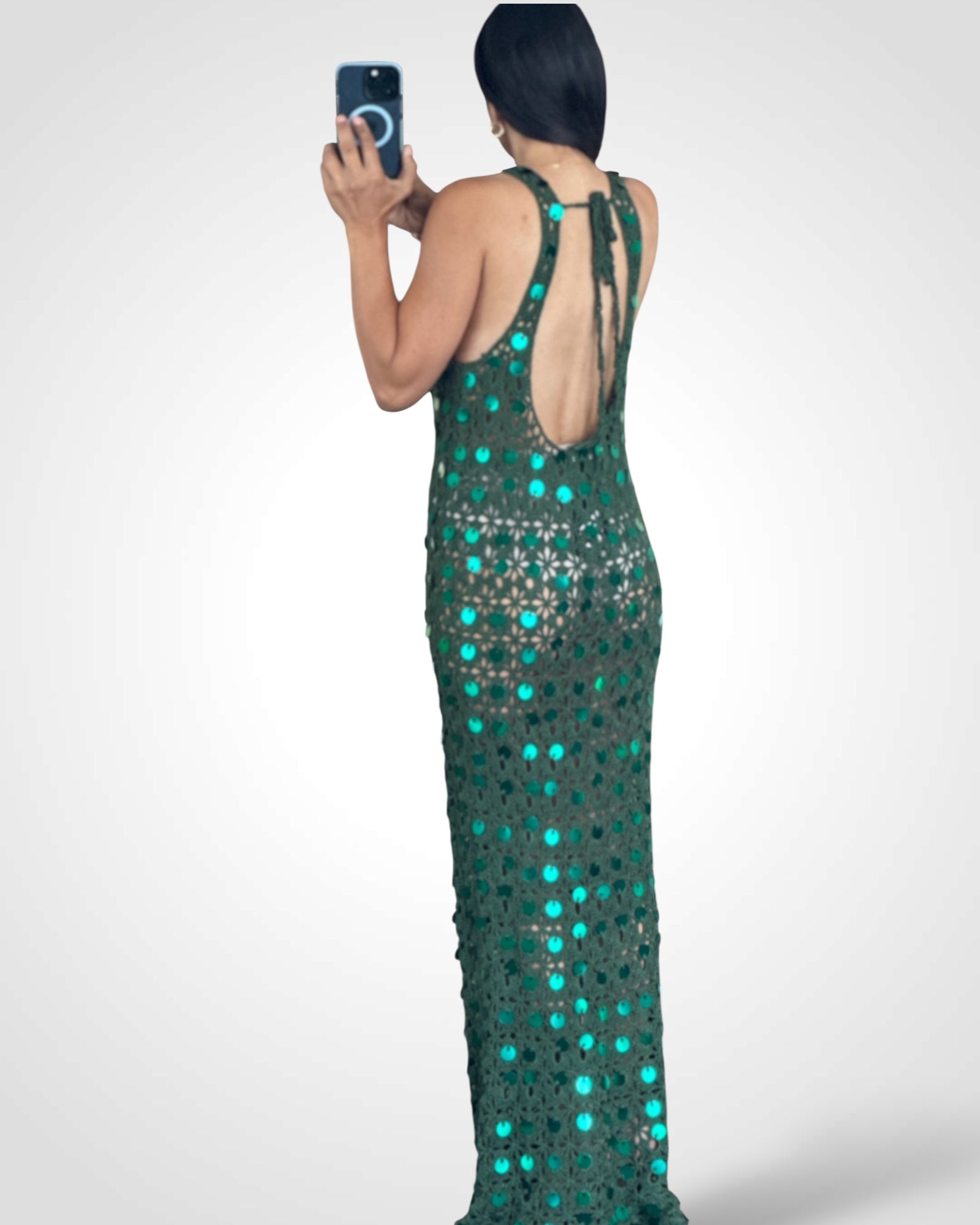 CROCHET AND SEQUIN HGREEN DRESS