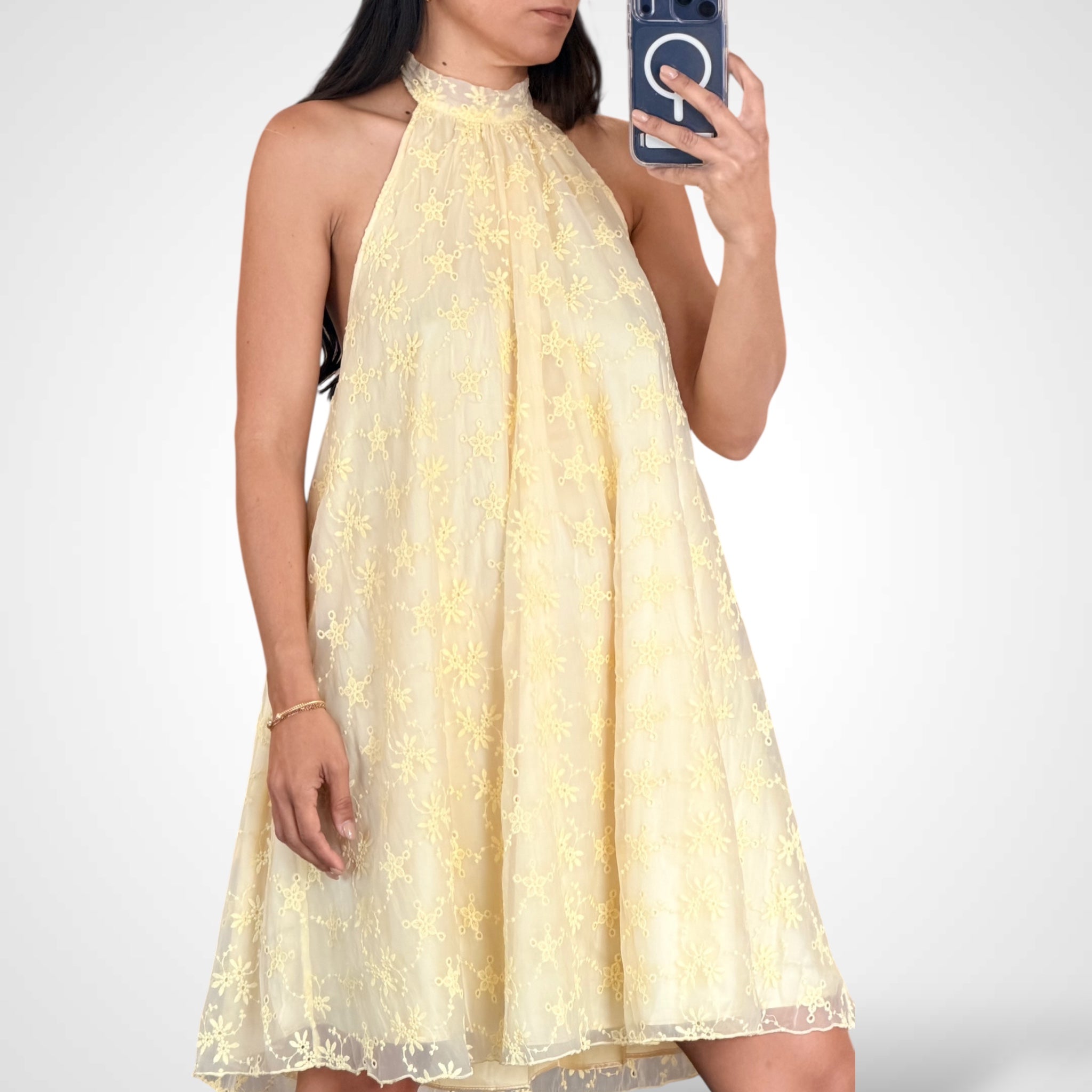 Halter Neck Open Back Crochet Floral Mini Dress•