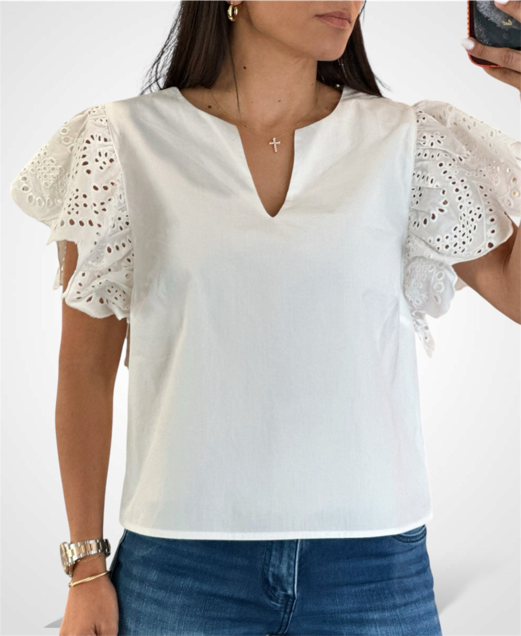 V-NECK EYELET SLEEVE TOP