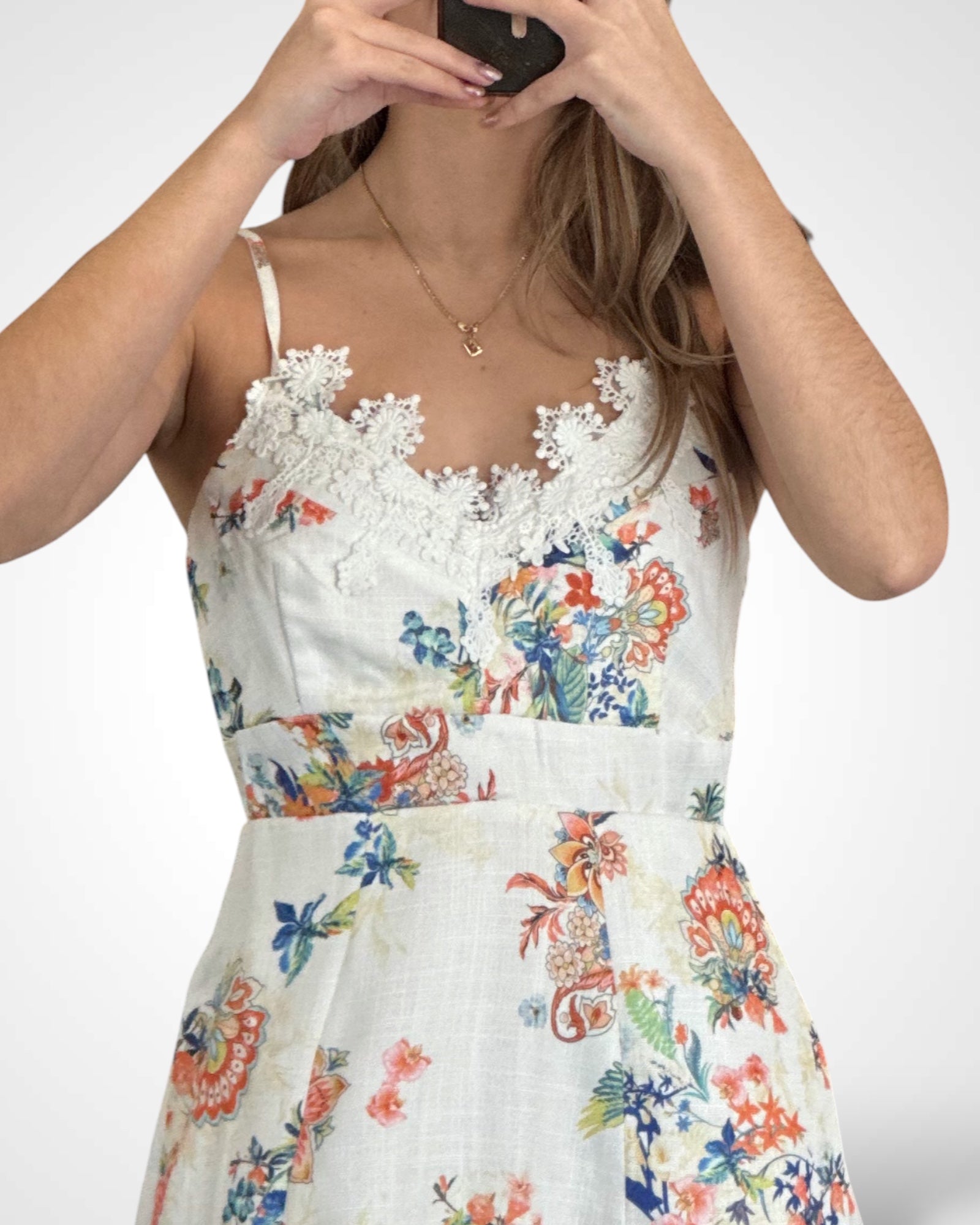 FLORAL PRINT CROCHET TRIM DETAIL FLARED MAXI DRESS-2