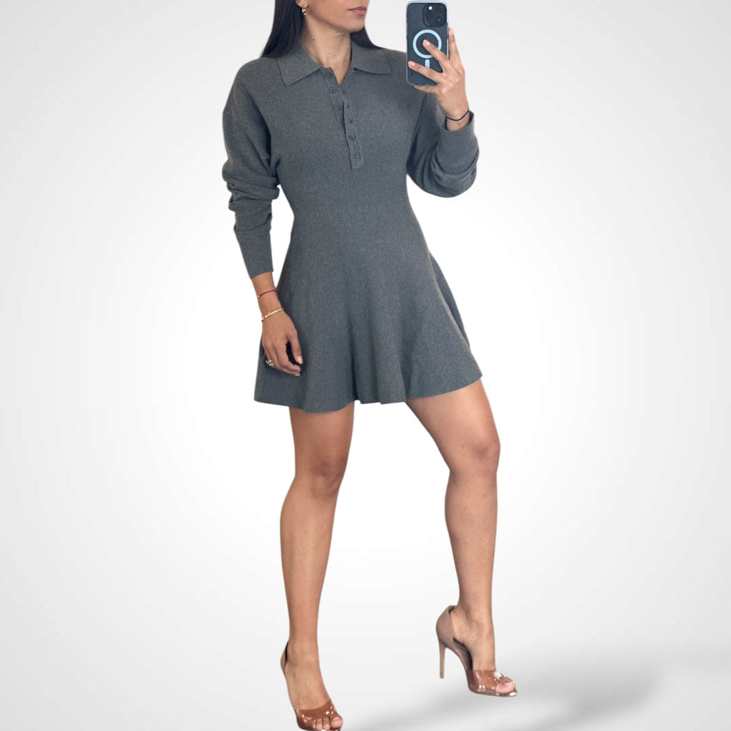 SJQ-Collared Long Puff Sleeve Knit Sweater Mini Dress