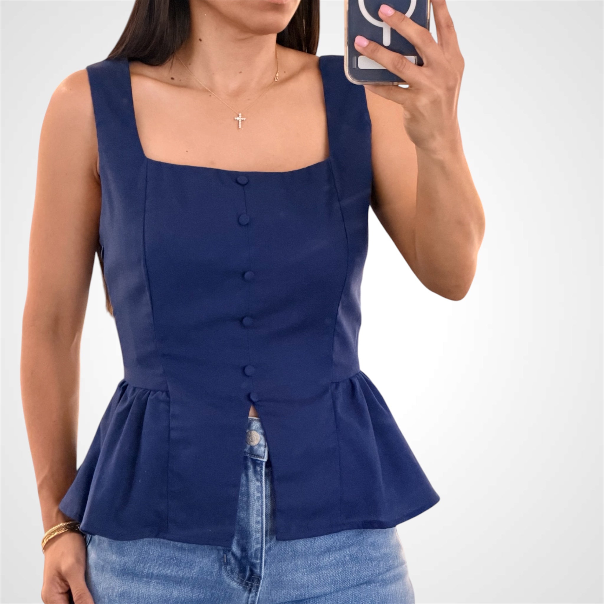 LINEN SQUARE NECK PEPLUM TOP